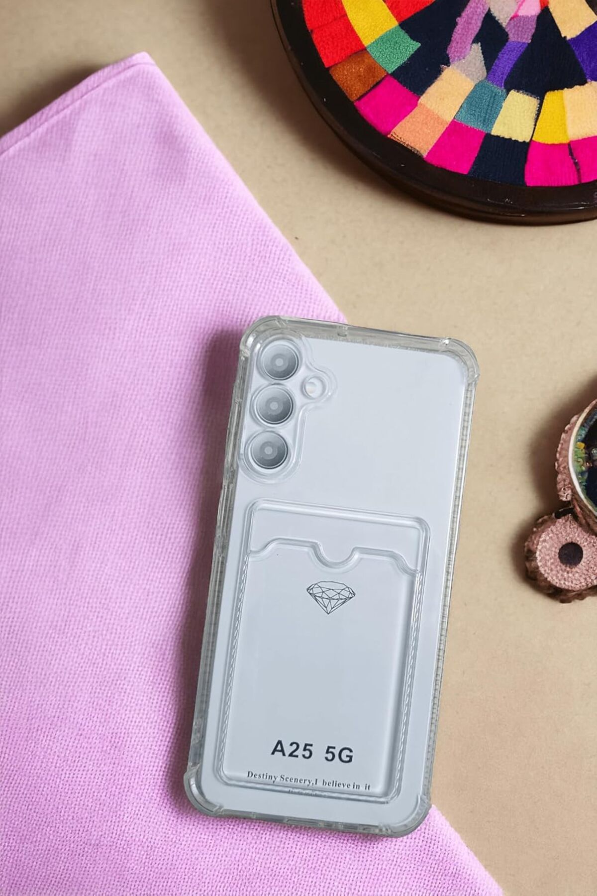 yenibagshop Galaxy A25 Uyumlu  Kılıf Kartlıklı Köşe Koruma Tasarımlı Renkli Şeffaf K-Kart Kılıf (Şeffaf)