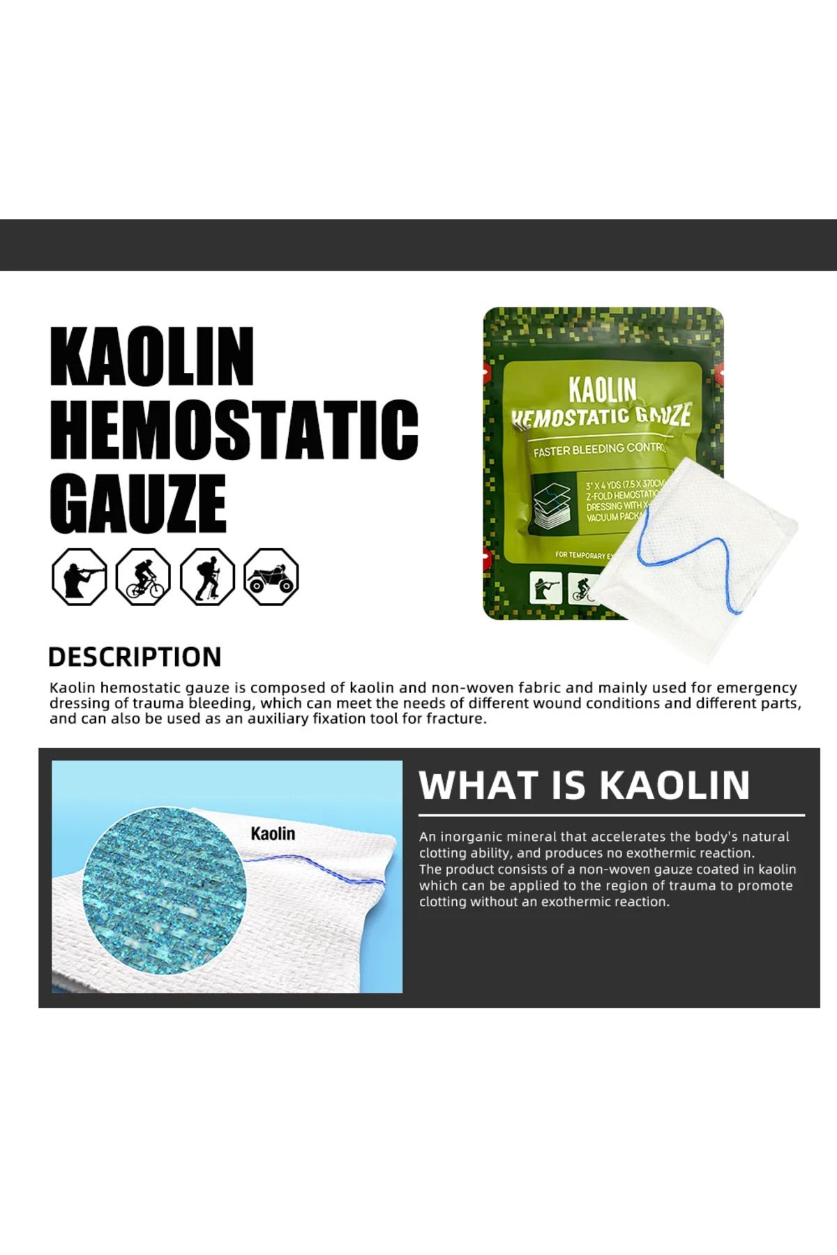 Choice-7.5x 370cm Hemostatic Kaolin Gauze Combat Emergency Trauma Z-fold Soluble For Ifak Tactical First Ai 2