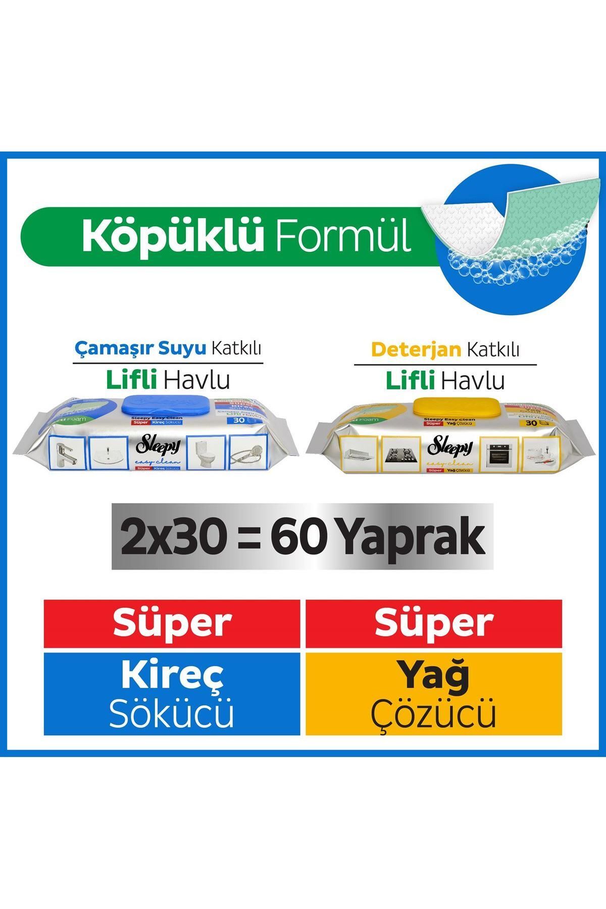 Sleepy Easy Clean Süper Yağ Çözücü&Kireç Sökücü Havlu Karma Paket 2X30 (60 Yaprak)