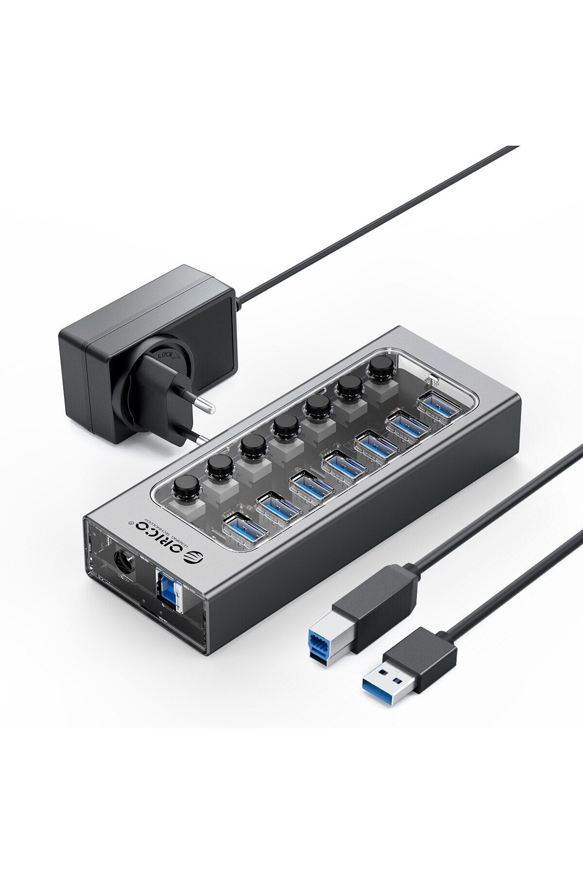 Orico-موزع USB 3.0 من الألومنيوم الصناعي مزود بـ 7 منافذ مع محول طاقة 12 فولت 1