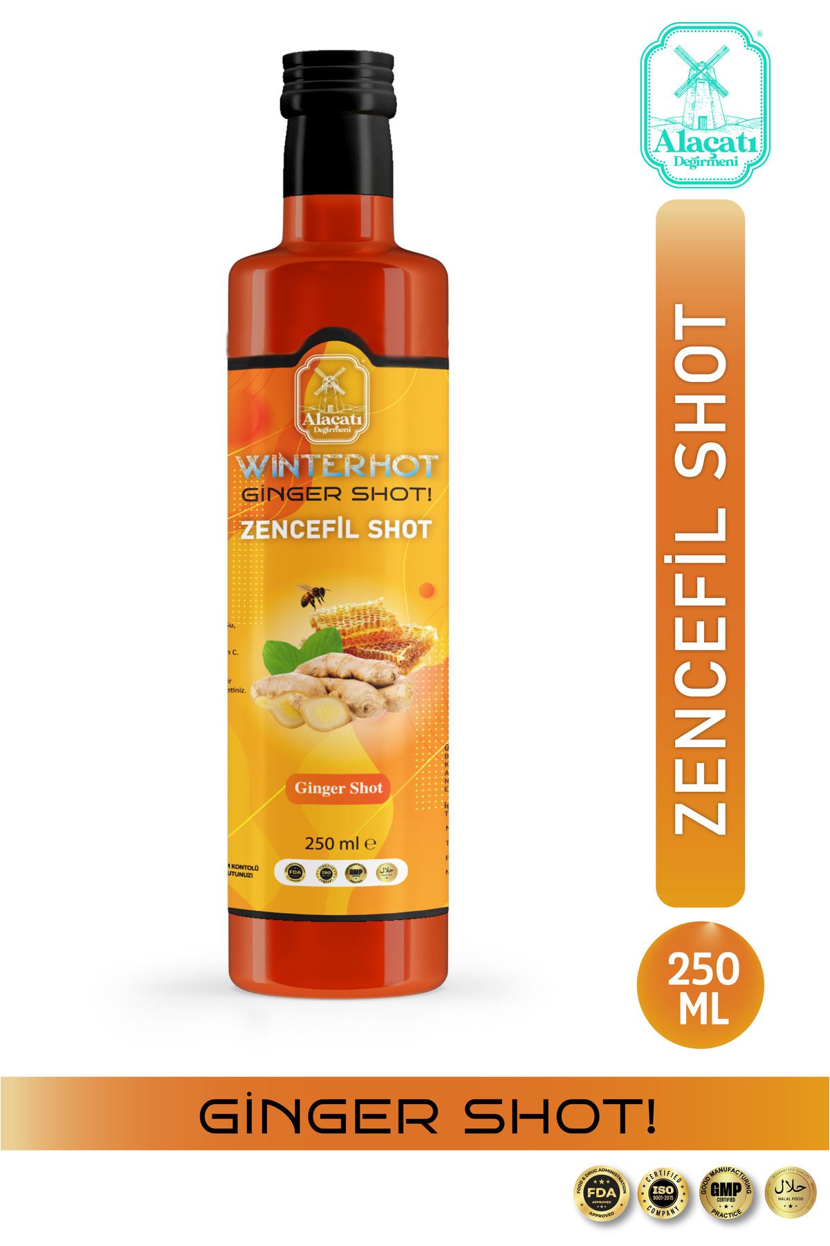 Alaçatı Değirmeni Ginger shot, Zencefil, Zerdeçal, Karanfil, Bal, Nane Özü, Hibiskus, Kara Mürver, C Vit 250ml İçecek