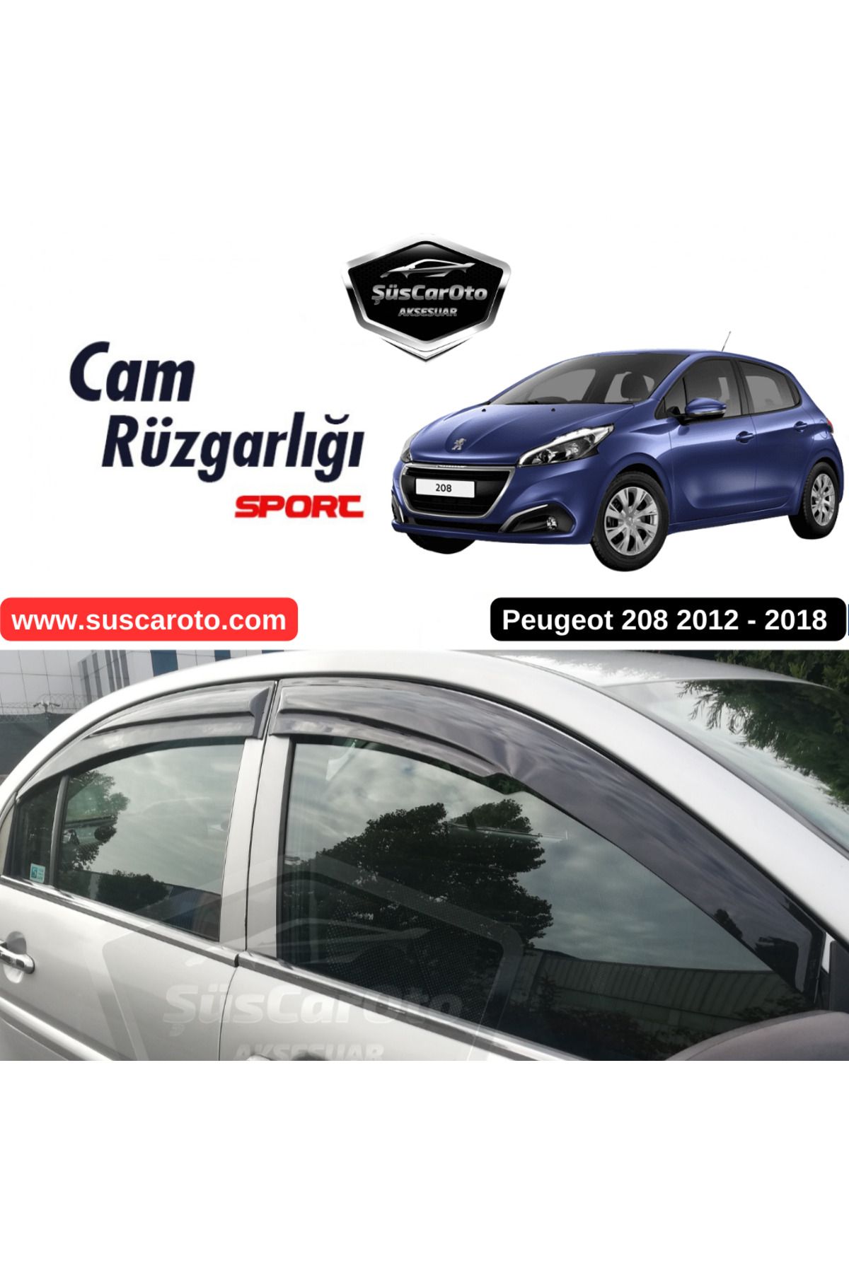 caralp Peugeot 208 2012-2018 Uyumlu Mugen Cam Rüzgarlığı Seti Piano Black 4'lü İthal