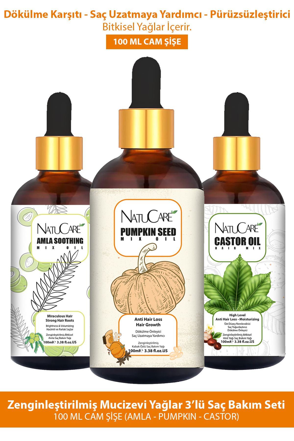 NatuCare Mucizevi Yağlar Hızlı Uzatma, Saç Oluşumu, Onarım 3’lü Set Hint Yağı (CASTOR), Amla, Pumpkin 100ml