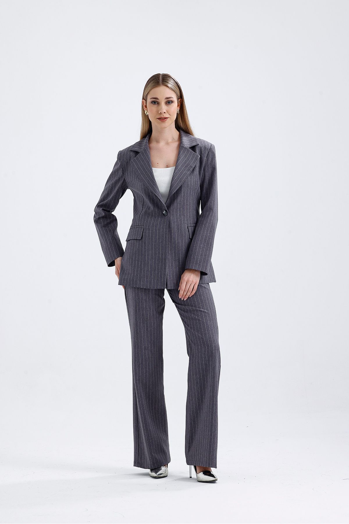 Abay-Women's Striped Lined Blazer Jacket Pants Set 3