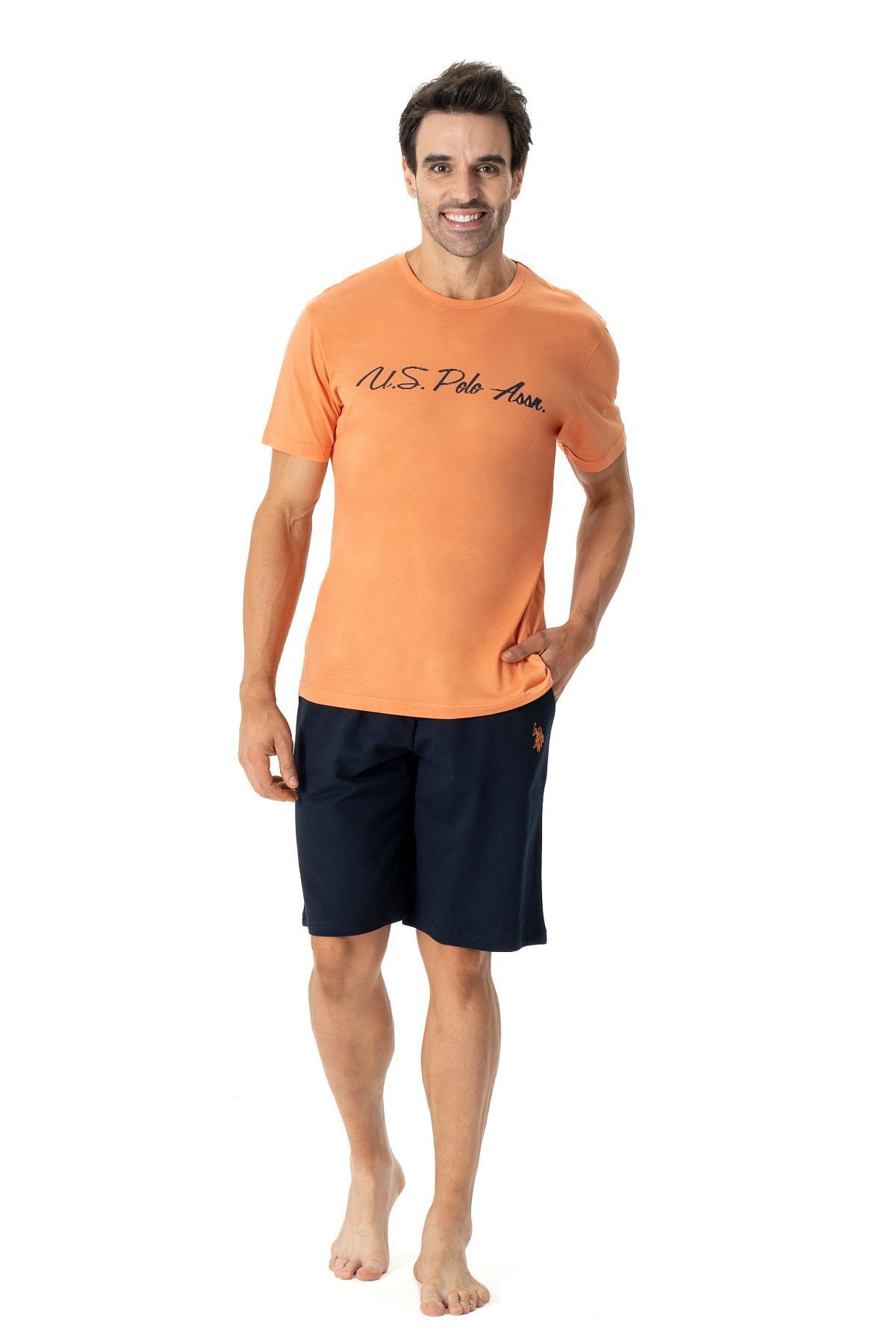U.S. Polo Assn. Us Polo Assn18774 Set De Pijama Pentru Bărbați, Cu Gât Rotund, Cu Mânecă Scurtă, Portocaliu Masculin - S