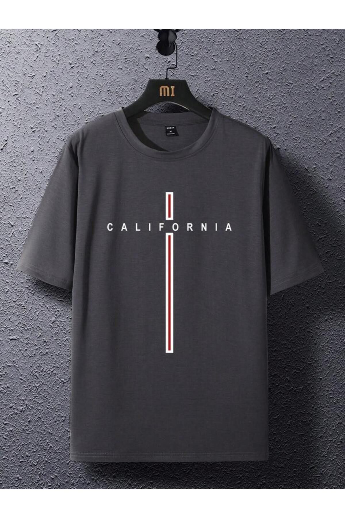 Boi Unisex California Şerit Baskılı Oversize T-shirt-Kısa Kol Pamuklu Bol Tişört