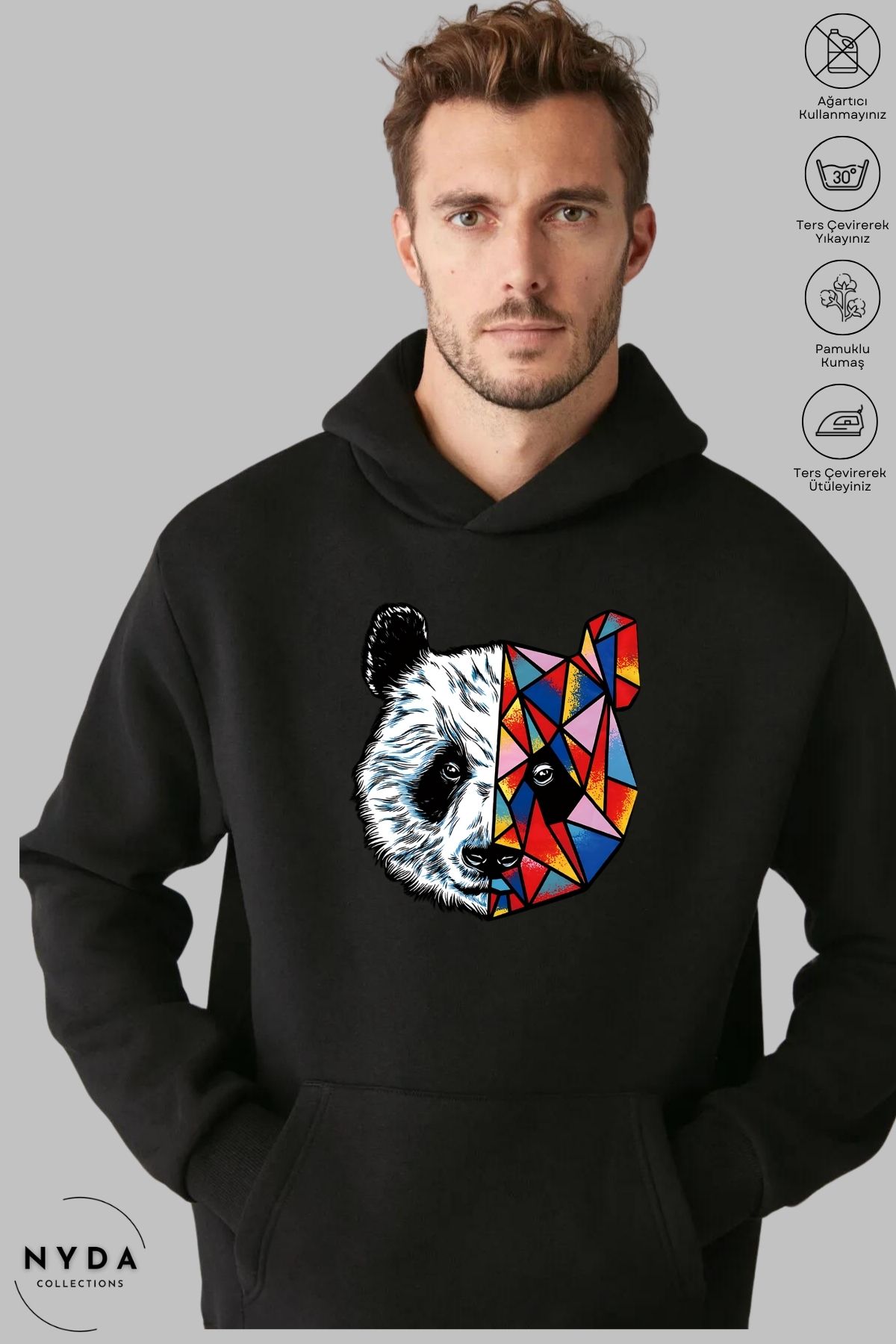 Nyda Collections Unisex Hoodie Uzun Kollu Renkli Panda Baskılı Kapüşonlu Şardonlu Sweatshirt Oversize Pamuk