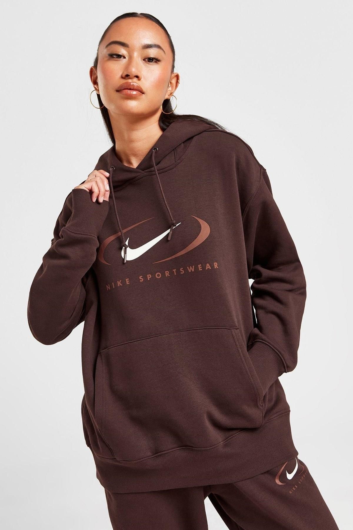 Nike Sportswear Fleece Oversize Pullover Hoodie Swoosh Kadın Geniş Kalıp Kapüşonlu Sweatshirt Kahver