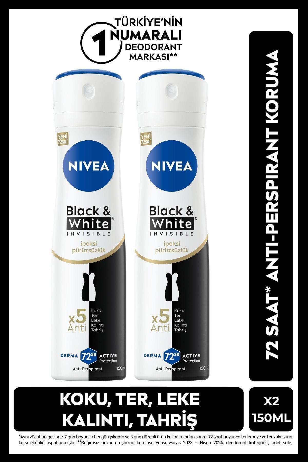 اسپری دئودورانت زنانه سیاه و سفید نرمی ابریشمی نامرئی 150 میلی لیتر ضد تعریق 72 ساعته X2Pcs NIVEA