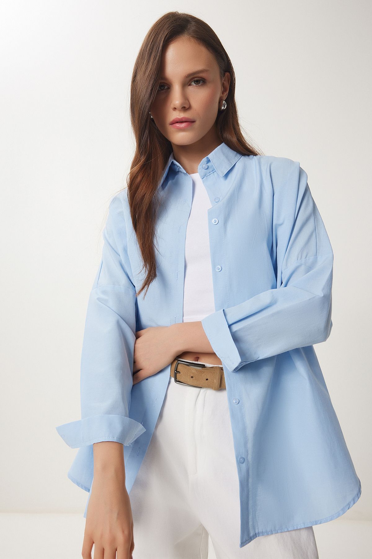 Happiness İstanbul-Cămașă de bază lungă oversize albastră pentru femei DD00842 2