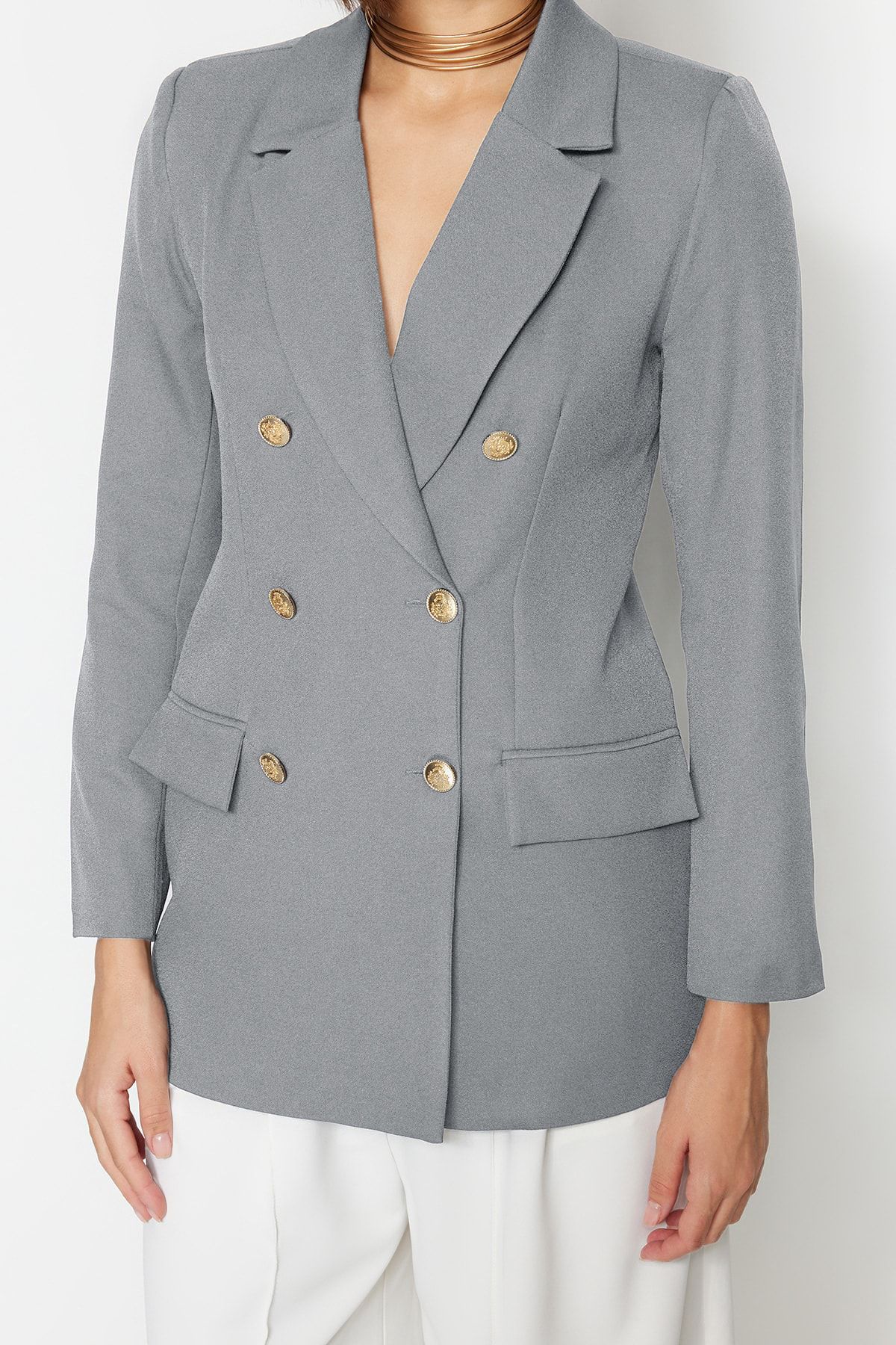 Trendyol Collection-Graue, übergroße, gefütterte, zweireihige Blazerjacke aus Webstoff TWOSS20CE0024 4