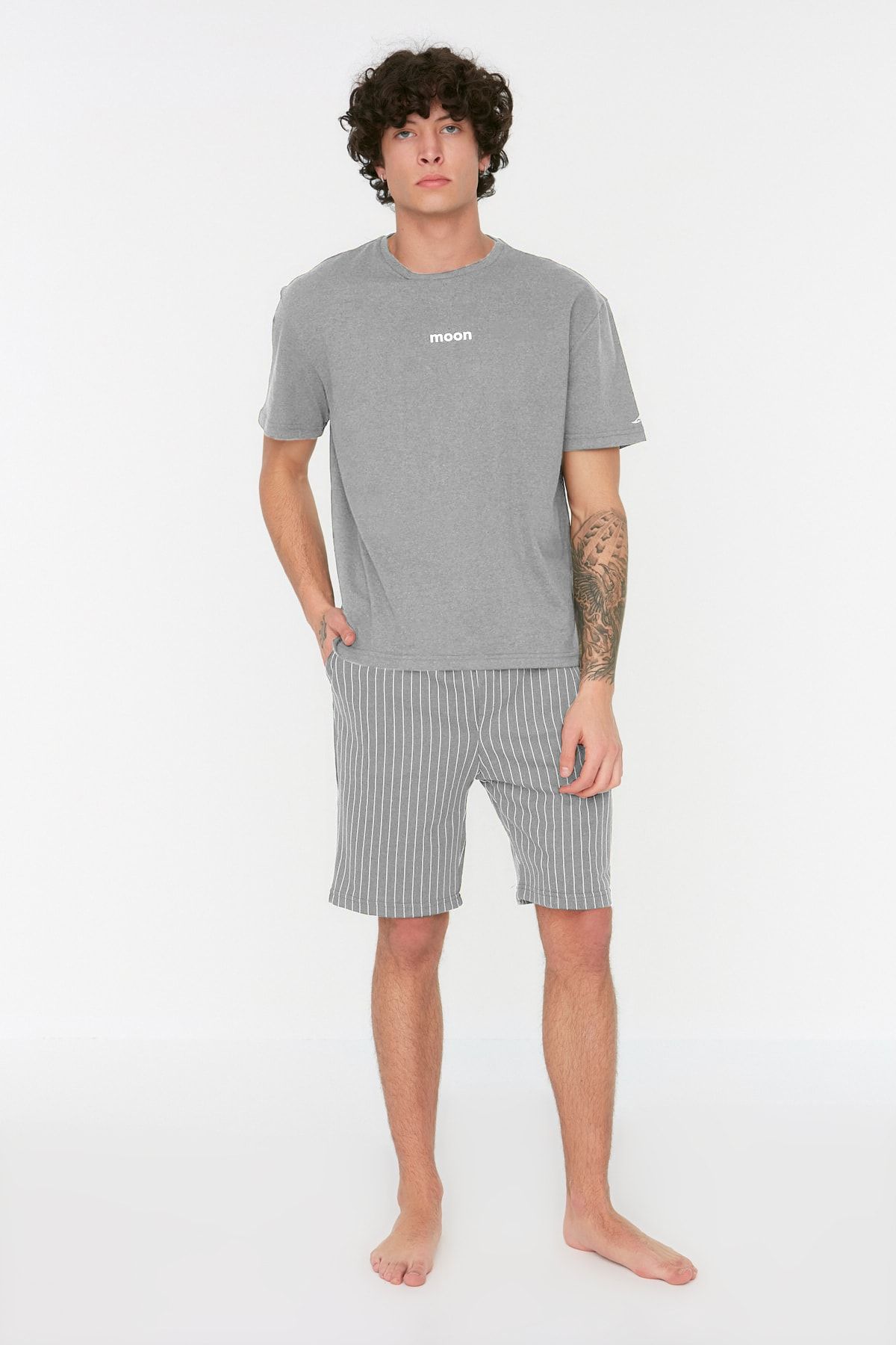 Trendyol Collection-Grey Striped Regular Fit Shorts Pajama Set - Thmss21Pt1005 11