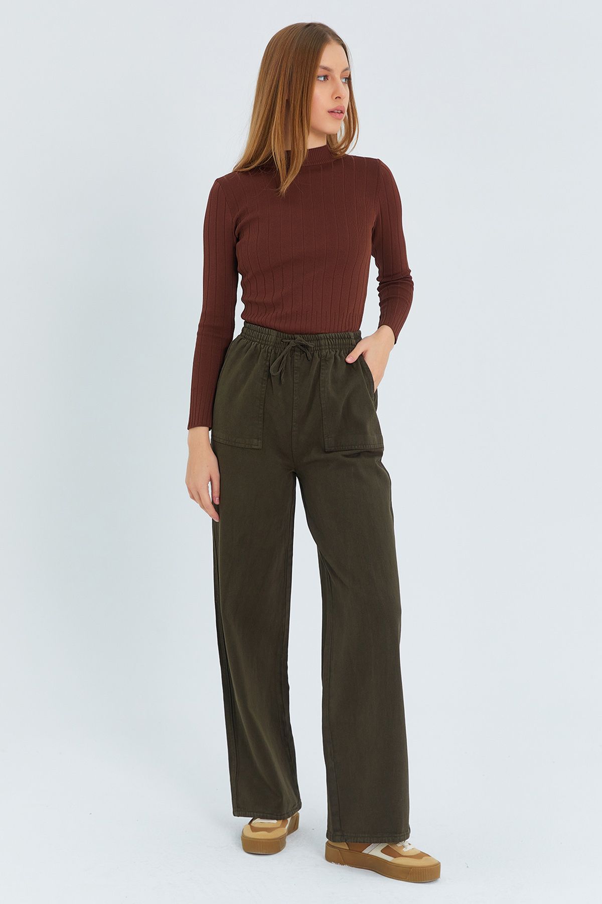 Trendyol Collection-Denim Look Wide Leg Khaki Trousers with Pocket Detail, Twoss25Pl00076 6
