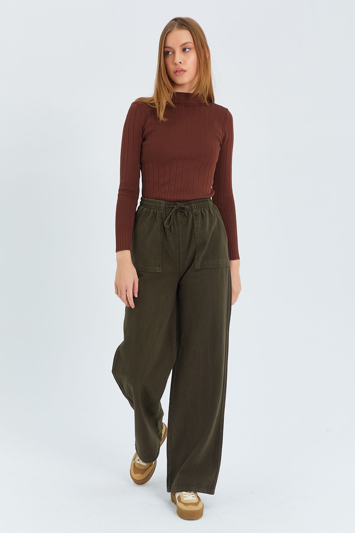 Trendyol Collection-Denim Look Wide Leg Khaki Trousers with Pocket Detail, Twoss25Pl00076 4
