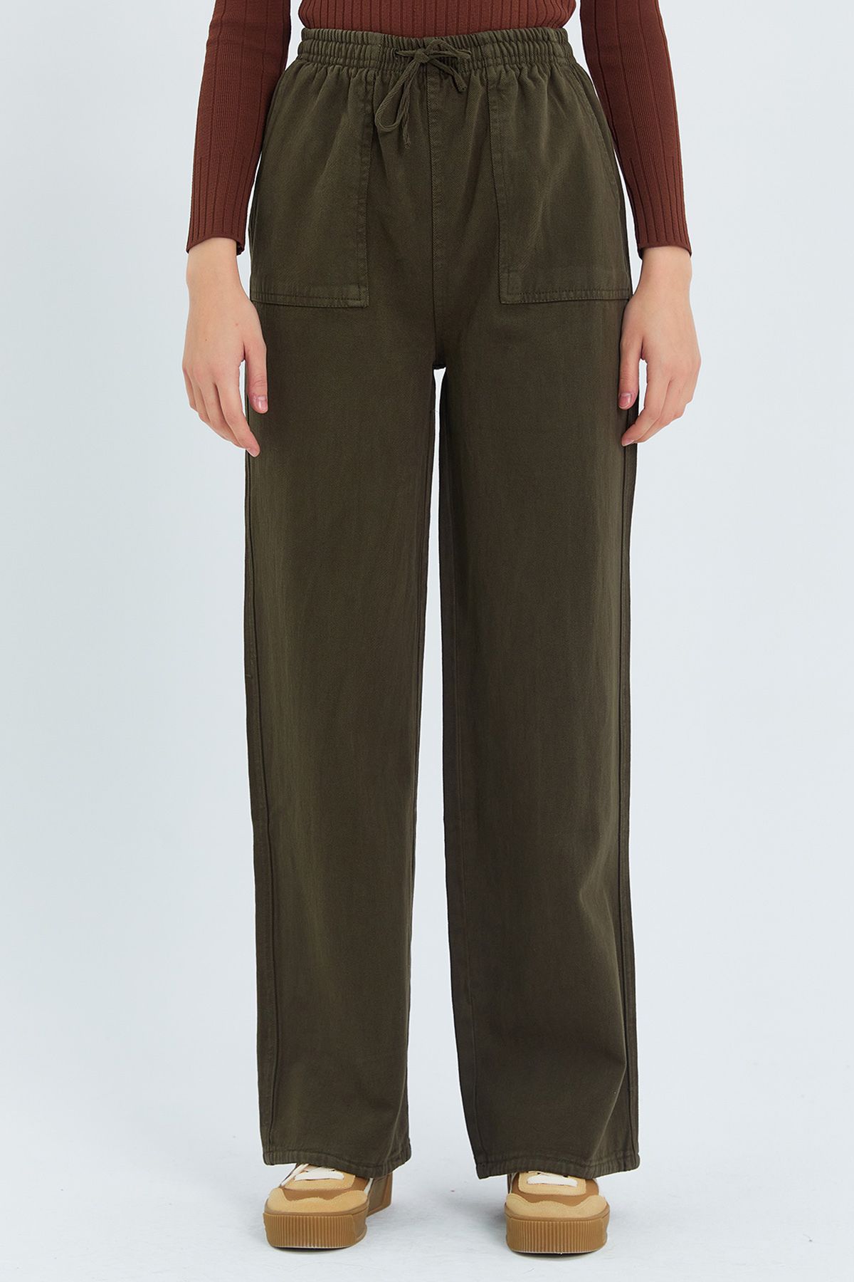 Trendyol Collection-Denim Look Wide Leg Khaki Trousers with Pocket Detail, Twoss25Pl00076 5