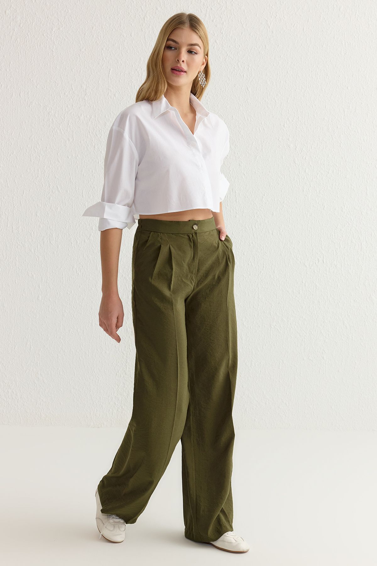 Trendyol Collection-Khaki Modal Wide-Leg Pants - Soft Tuşel Twoss25Pl00004 2