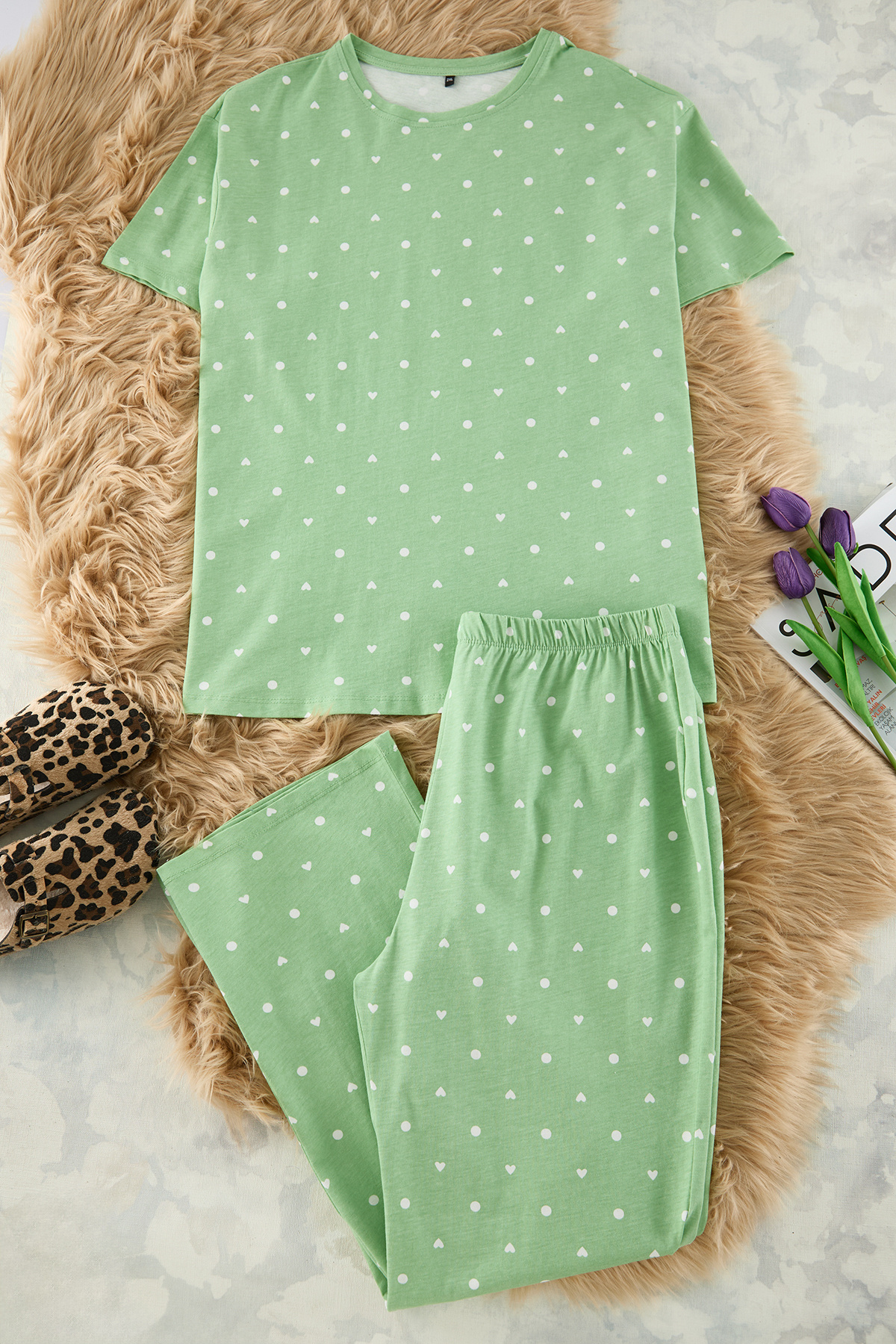 Trendyol Curve-Heart Pattern Mint Knitted Pajamas Set - Tbbss25Ai00023 6