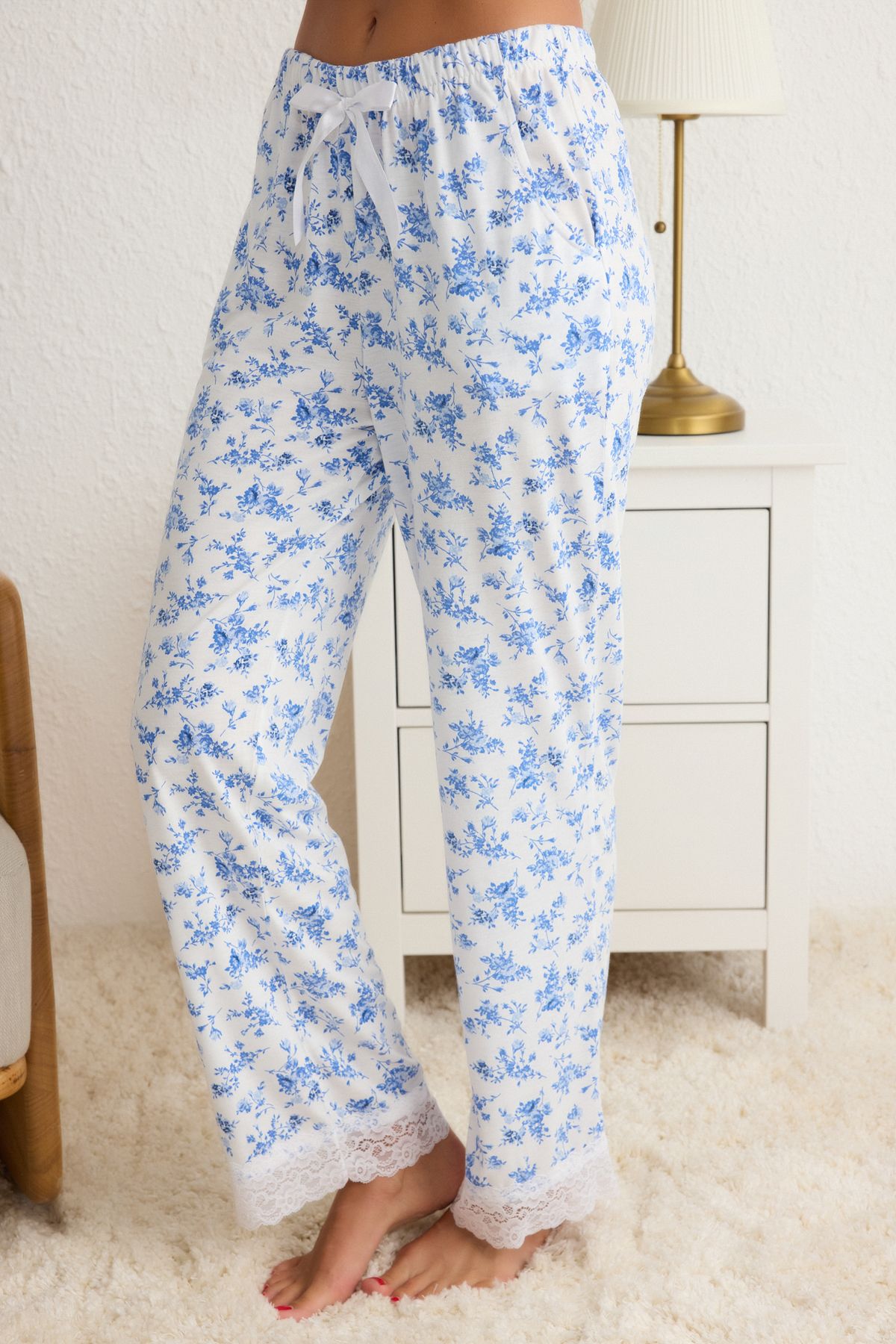 Trendyol Collection-Modro-vícebarevná hladká krajka viskóza pletené pyžamo s jedním dresem Thmss20Pt0134 4
