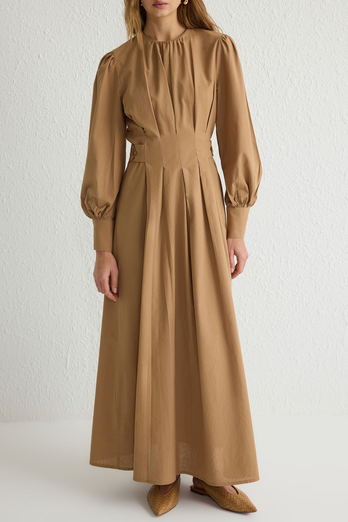 Trendyol Modest-Camel Linen Look Pleated Waist Detail Woven Dress Tctss25Eb00001 3