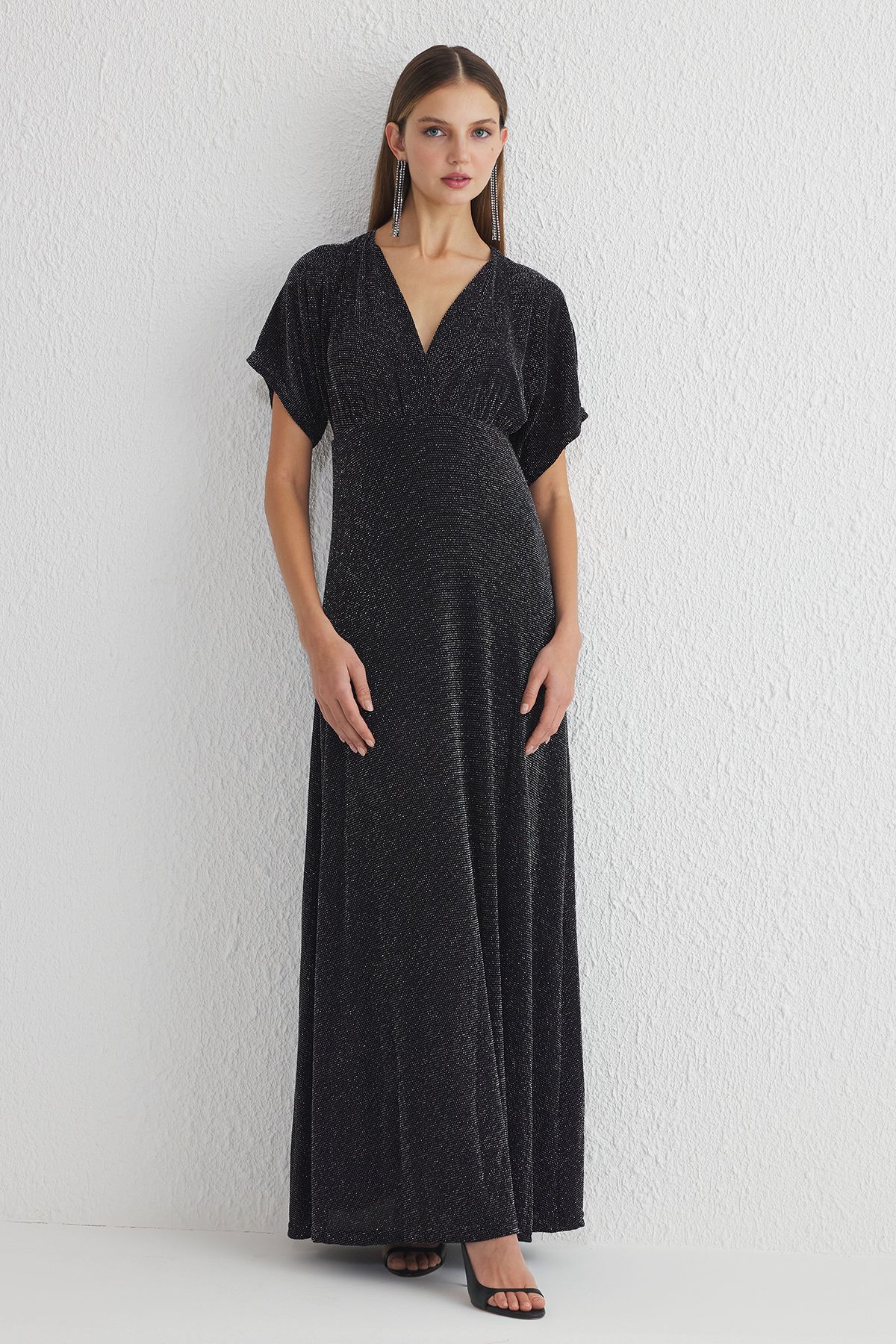 Trendyol Collection-Graues, glitzerndes, gestricktes, hochwertiges, langes, stilvolles Abendkleid in A-Linie 2