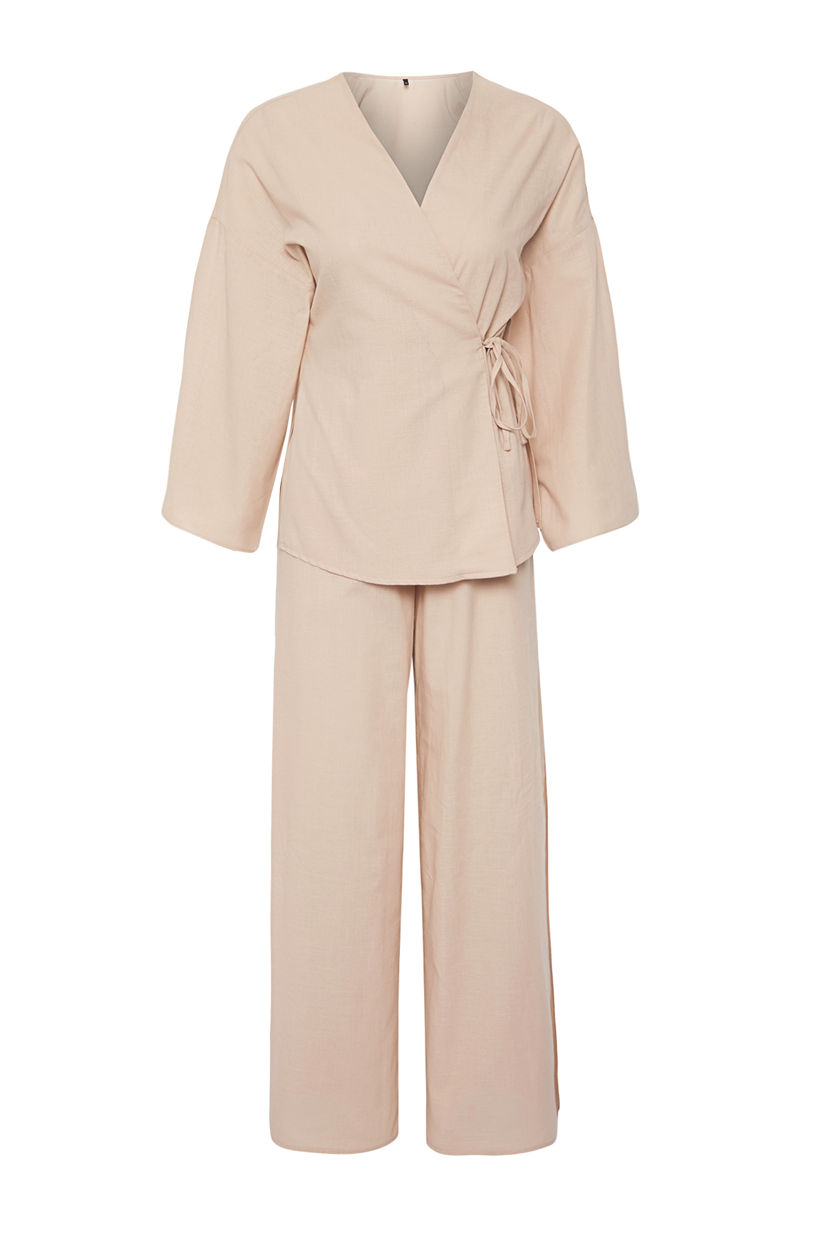 Trendyolmilla  Bej Dokuma Bağlama Detaylı Maxi Plaj Yüksek Bel Gömlek-Pantolon Takım TBESS25AU00007 - Görsel 7