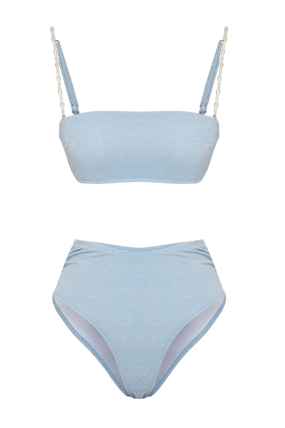Trendyol Collection-Csillogó pánt nélküli kék magas derekú bikini - gyöngy kiegészítőkkel TBESS25BT00060 5