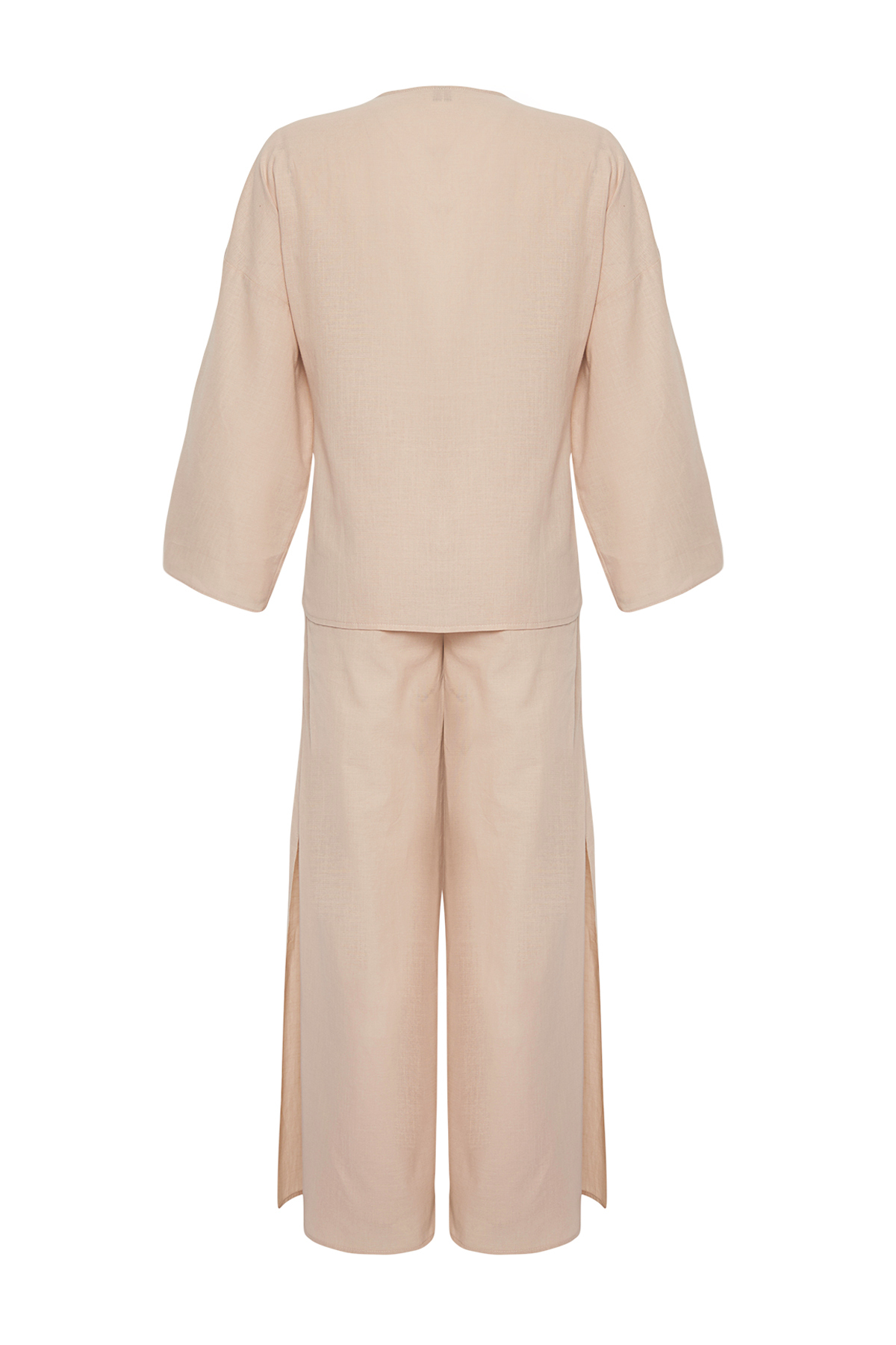 Trendyolmilla  Bej Dokuma Bağlama Detaylı Maxi Plaj Yüksek Bel Gömlek-Pantolon Takım TBESS25AU00007 - Görsel 8