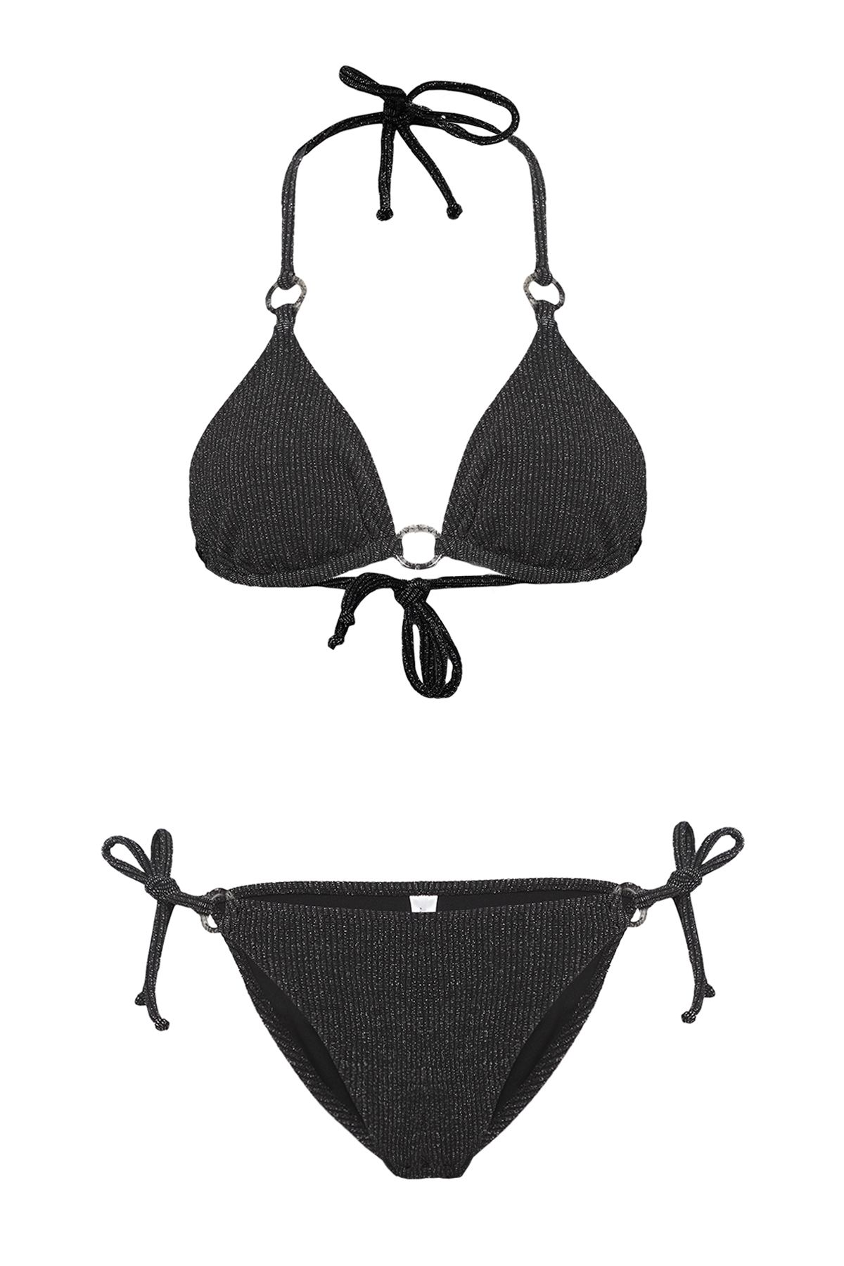 Trendyol Collection-Glitzerndes, strukturiertes, reguläres Bikini-Set mit schwarzen Dreieckszubehörteilen TBESS25BT00014 5