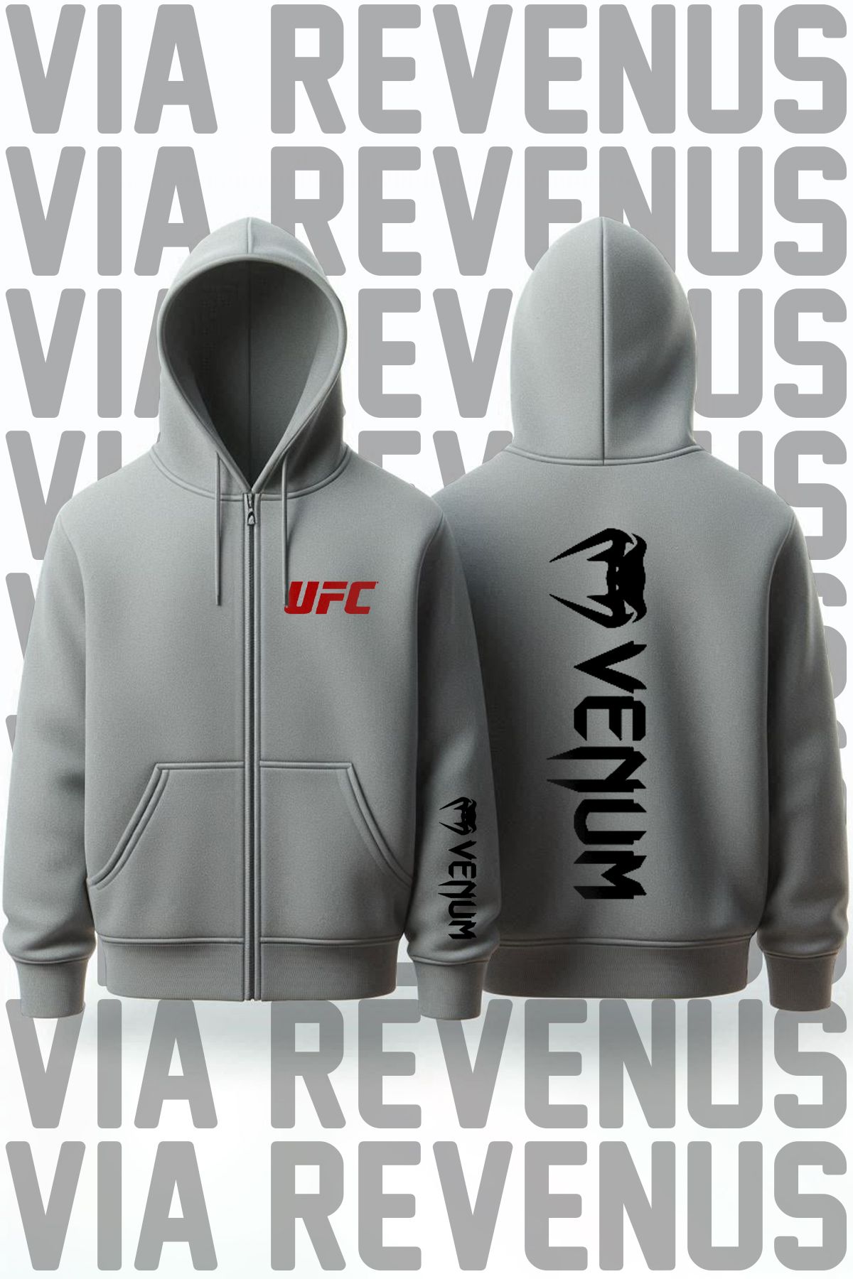 Vordevia UFC Venum Ön ve Arka Baskılı Unisex Fermuarlı Kapüşonlu Sweatshirt Hırka