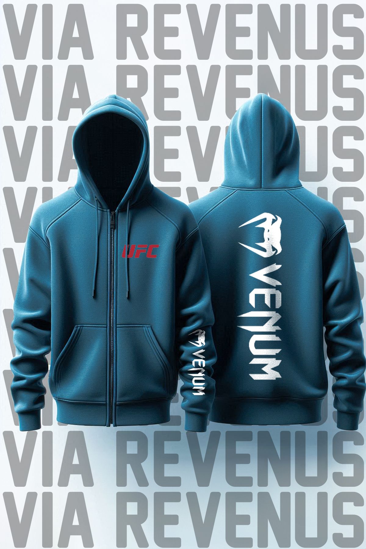 Vordevia UFC Venum Ön ve Arka Baskılı Unisex Fermuarlı Kapüşonlu Sweatshirt Hırka