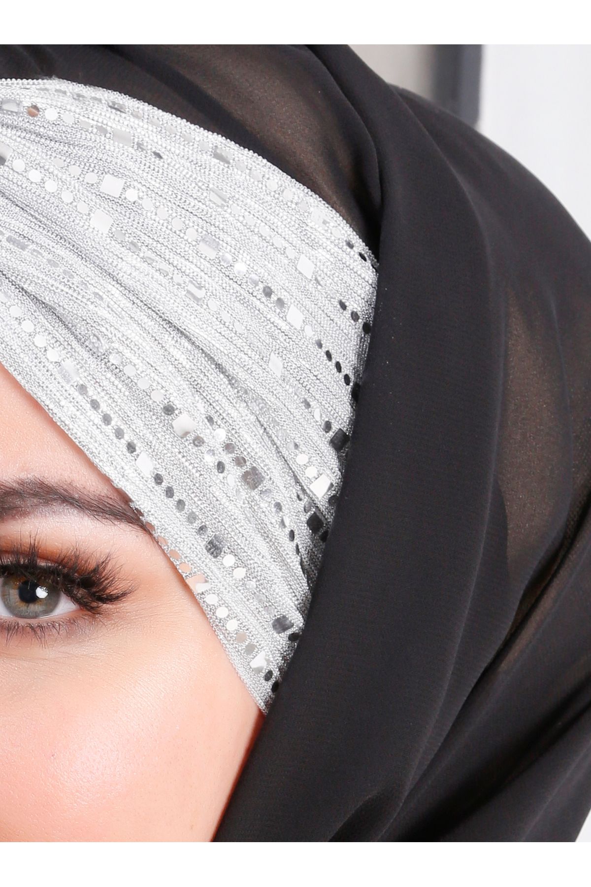 Differenza-Glitter Sequin Knot Ready Hijab Shawl - Silver 3