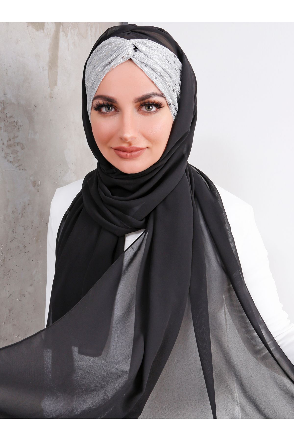 Differenza-Glitter Sequin Knot Ready Hijab Shawl - Silver 2