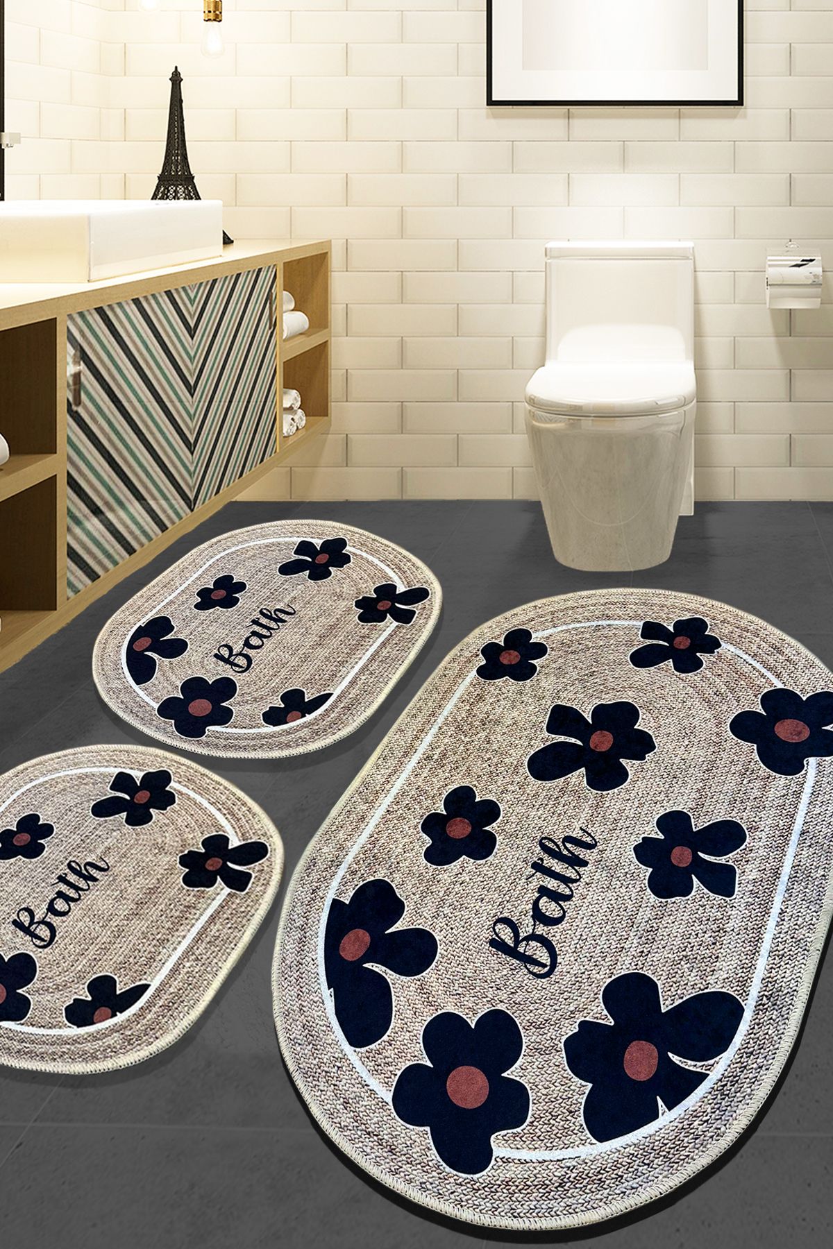 Iromica Home Three Bears Banyo Halısı Djt 3'lü Set Banyo Paspası Kaymaz Tabanlı Klozet Takımı