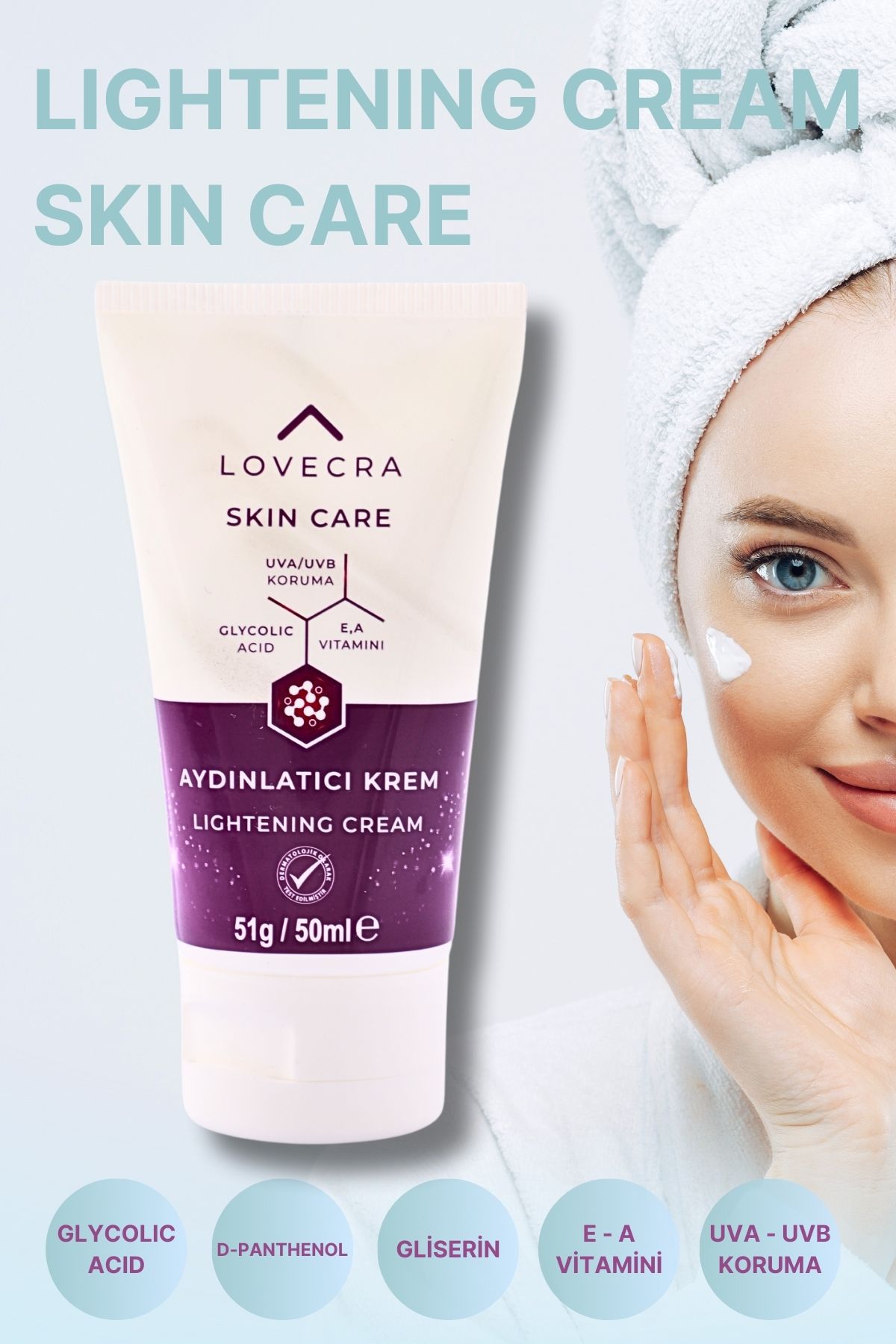 LOVECRA Aydınlatıcı Krem Yoğun Nemlendirici Beyazlatıcı Leke Karşıtı E & A Vitamini Glycolic Asit 50ml