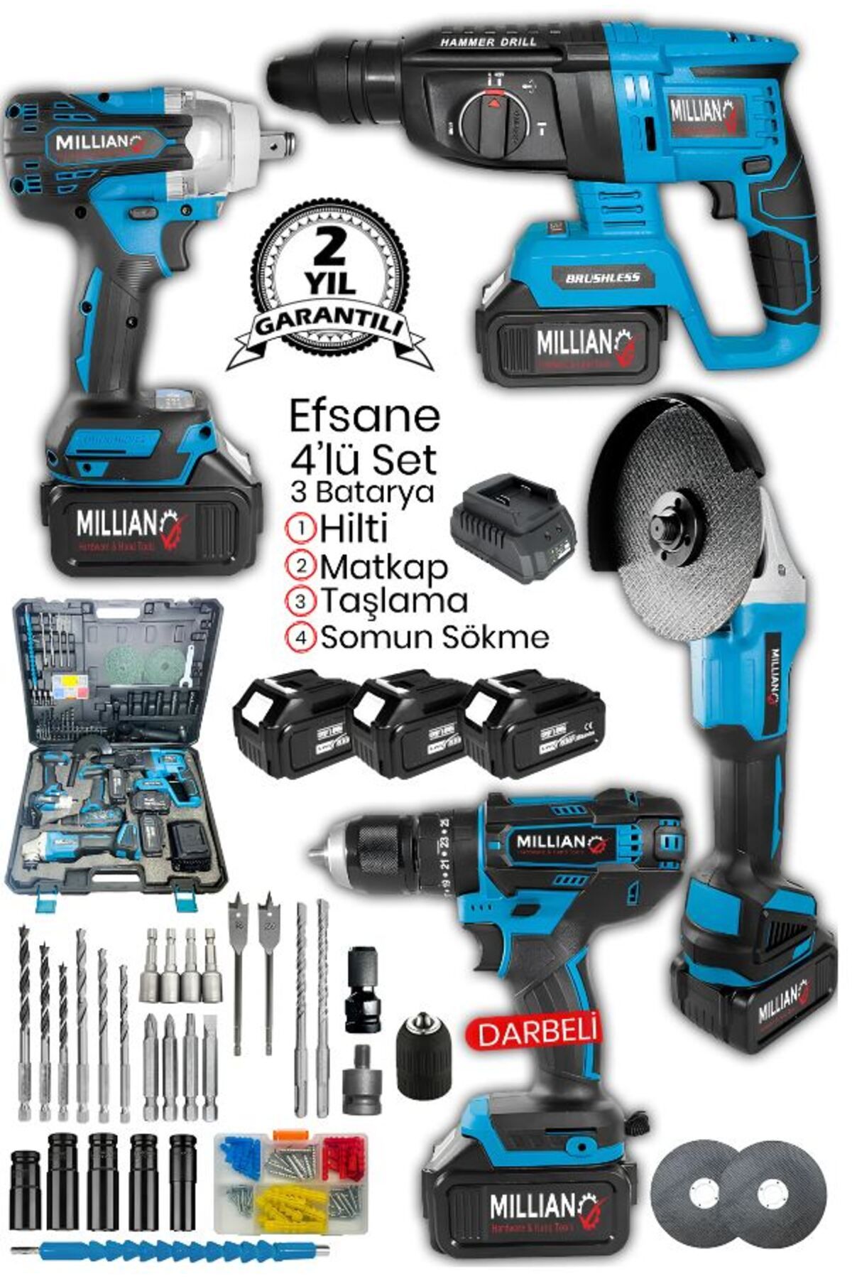 Millian 3 Bataryalı Profesyonel Şarjlı 4'lü Set 2-26 Hilti - Taşlama - 13 mm Darbeli Matkap - Somun Sıkma