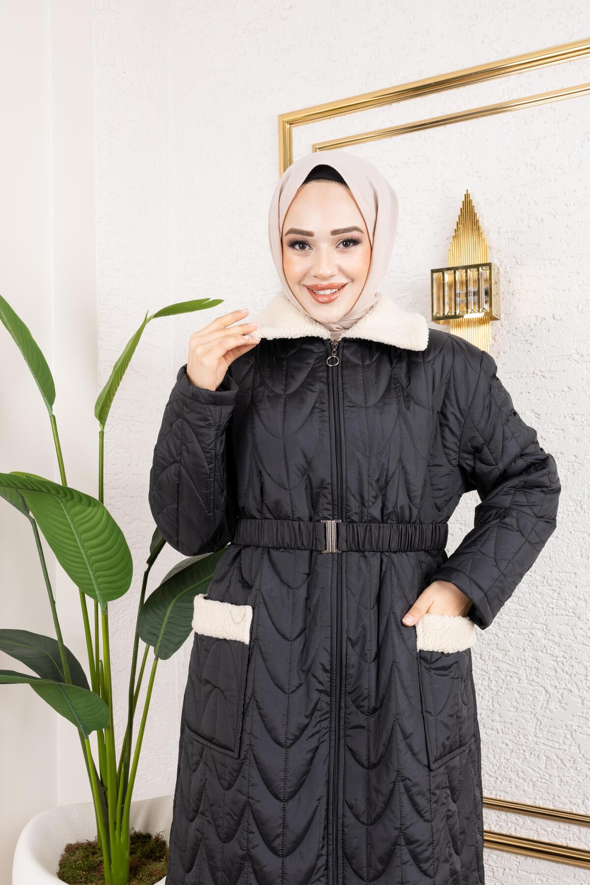 HARMAN BUTİK  KADIN İÇİ TAM KÜRKLÜ CEP DETAYLI KAPİTONE MONT - Görsel 8