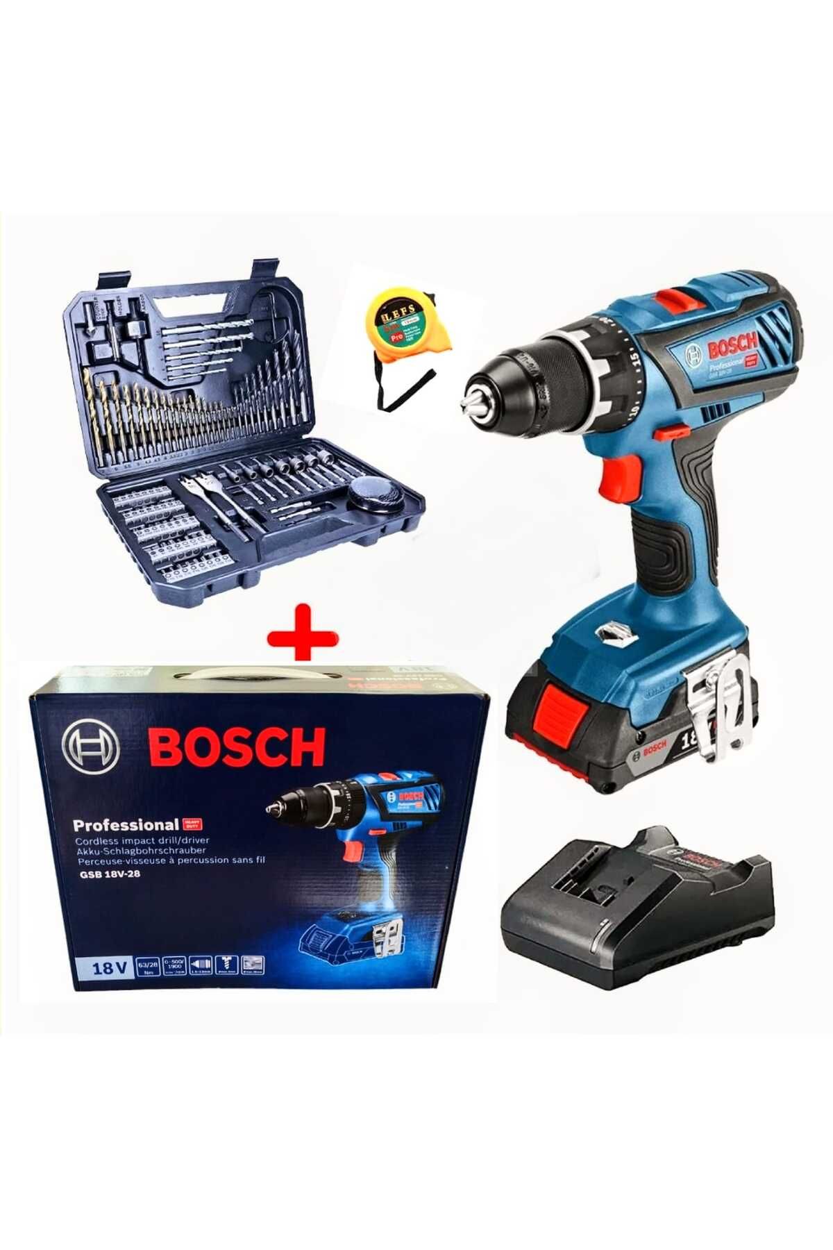 Bosch Gsb 18 V 28 TEK BATARYA Darbeli Vidalama (KARTON KUTULU)  ve Bosch 103 Parça Aksesuar Seti