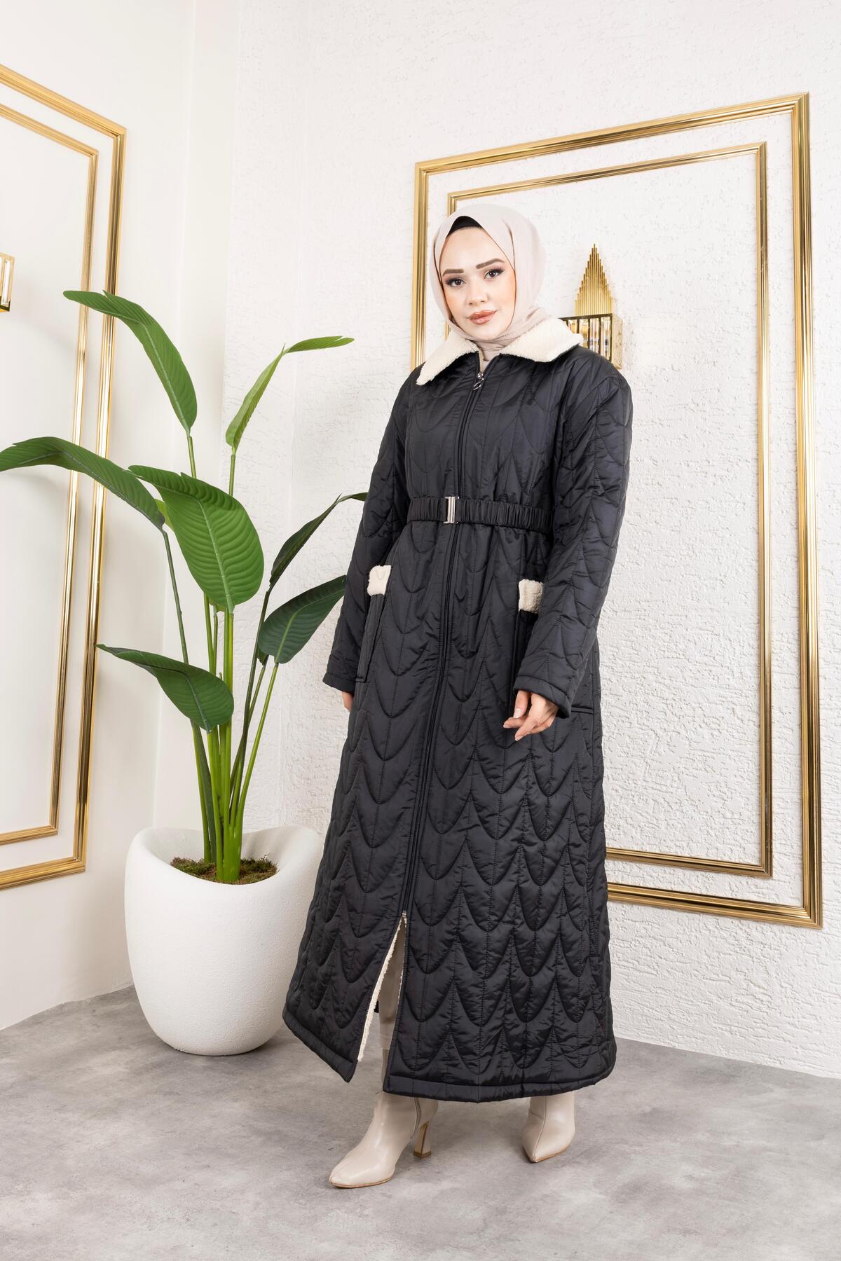 HARMAN BUTİK  KADIN İÇİ TAM KÜRKLÜ CEP DETAYLI KAPİTONE MONT - Görsel 5