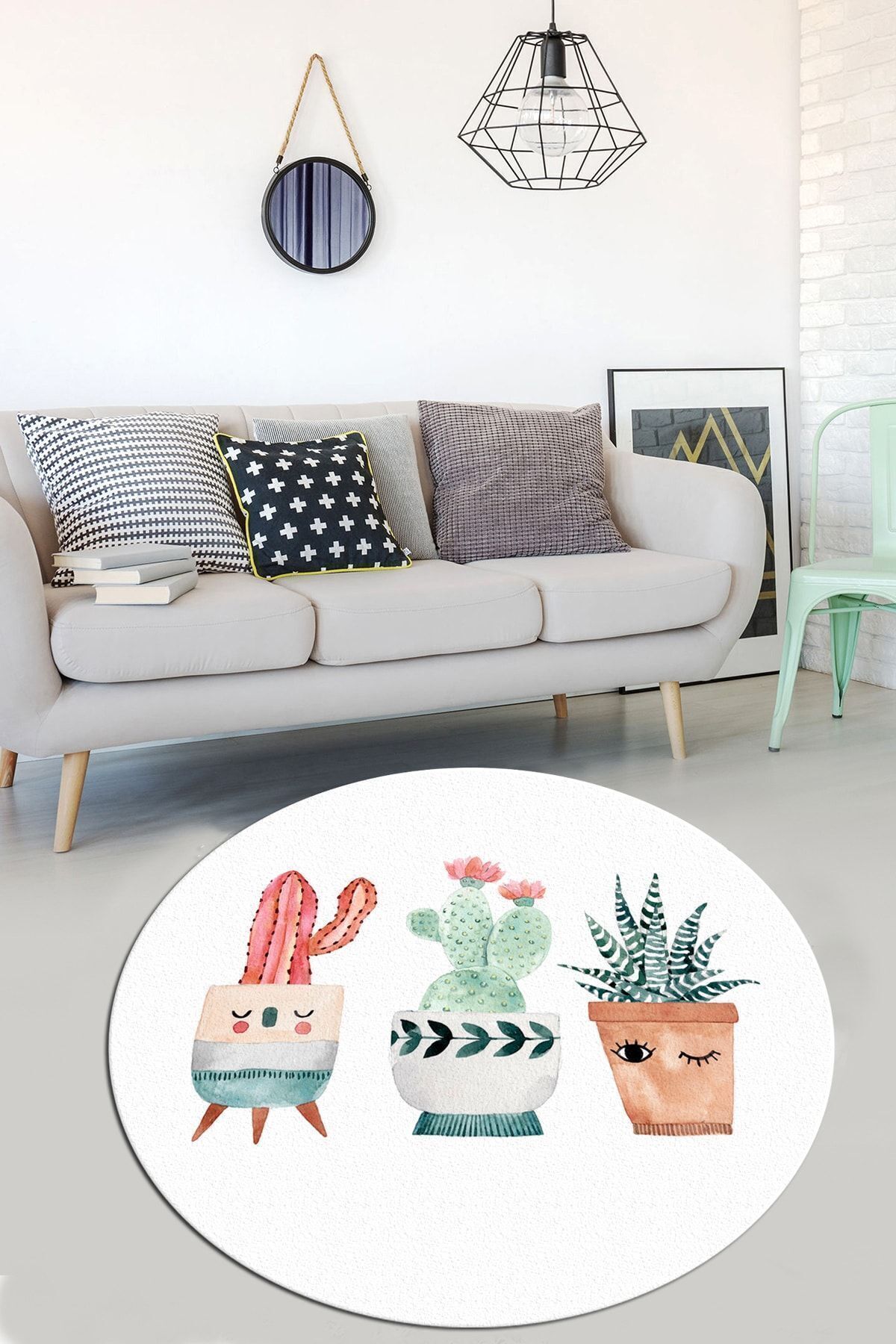 Iromica Home Happy Cactus Djt Ekru Çap Kaymaz Taban , Yıkanabilir Halı