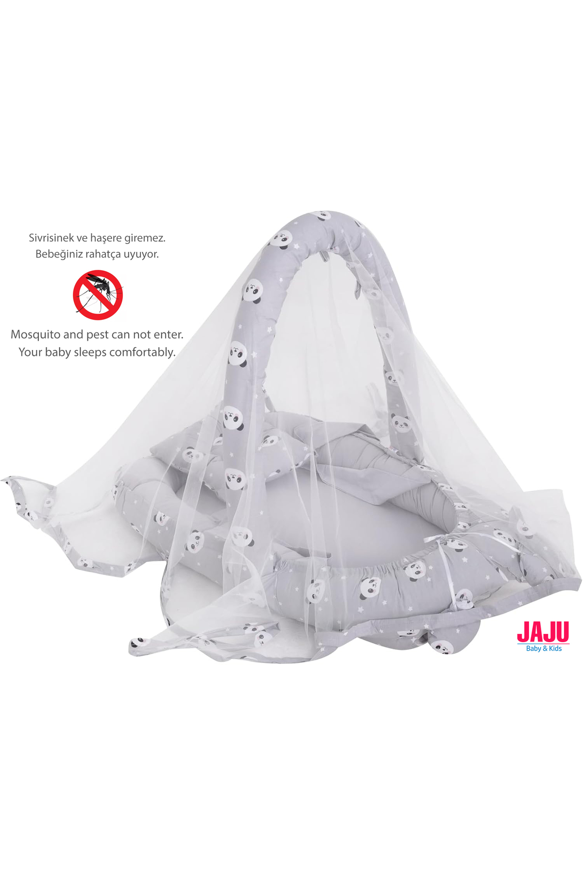 Jaju Baby Babynest Gri Panda Cibinlik Tüllü Ve Oyuncak Askılı Organik Jaju Babynest Anne Yanı Bebek Yatağı fotoğrafı 4 (önizleme)