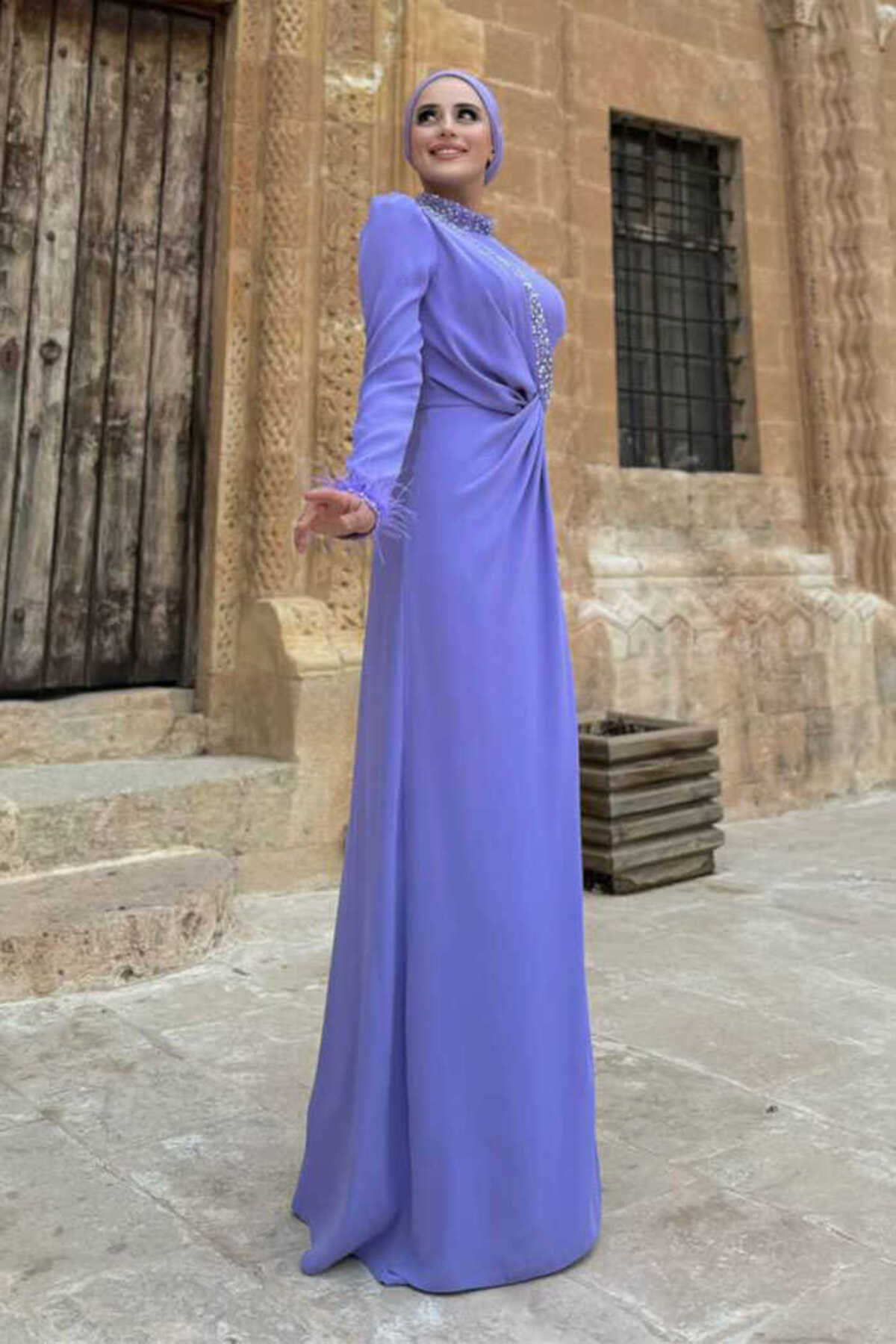 Bym Fashion-فستان سهرة أرجواني 7021 - مزين بالأحجار والريش 3