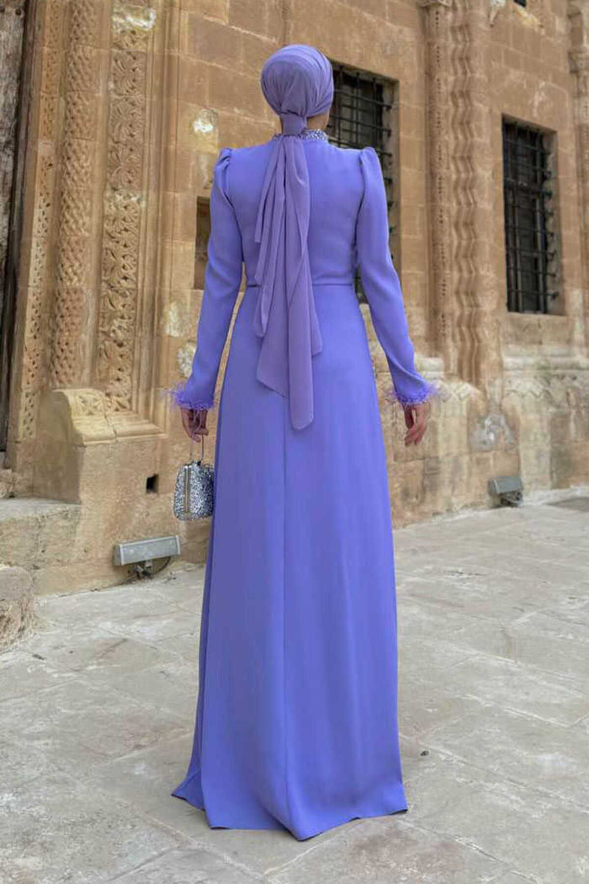 Bym Fashion-فستان سهرة أرجواني 7021 - مزين بالأحجار والريش 2