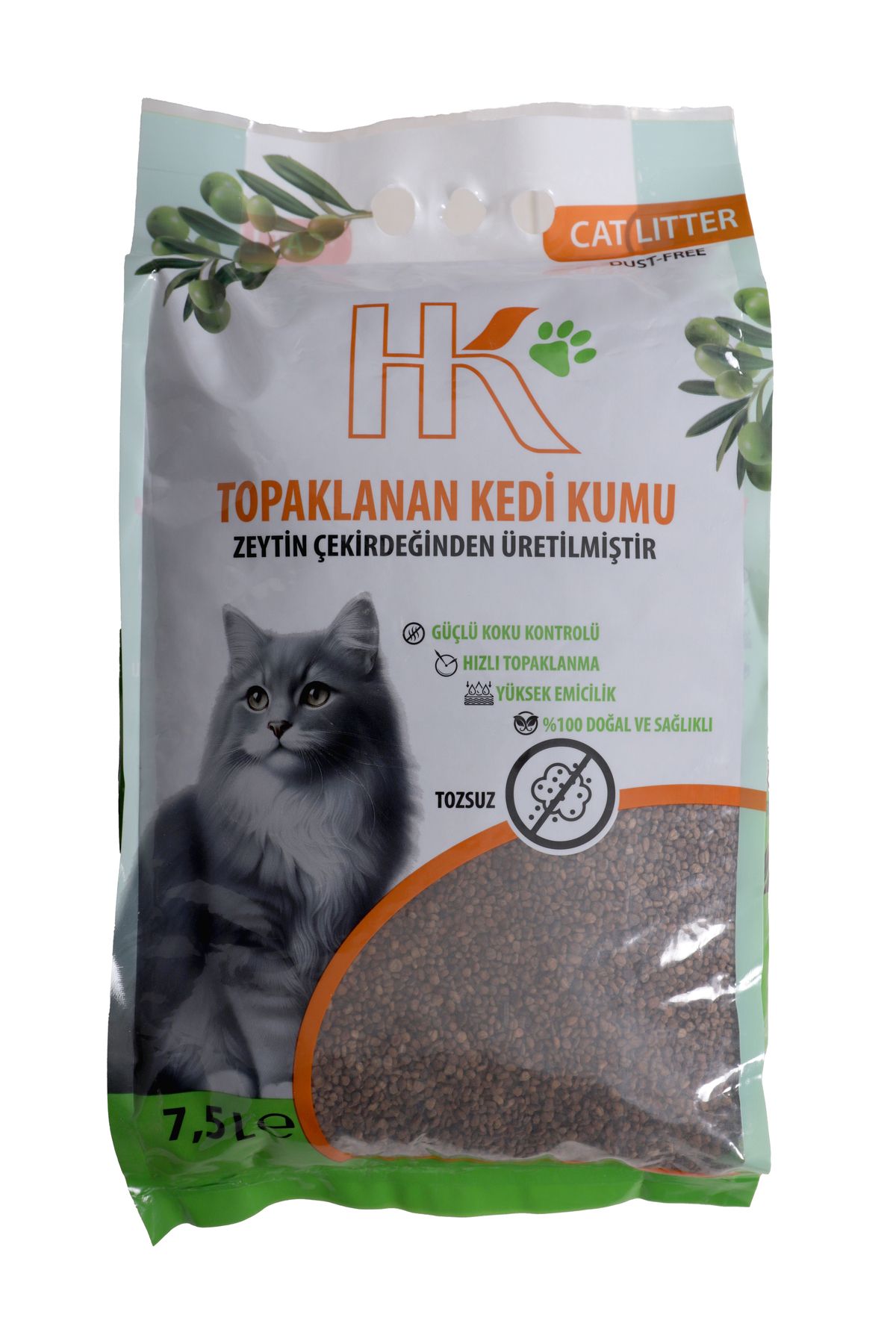 HK Cat Litter | Zeytin Çekirdeğinden Üretilen Aktif Karbonlu %100 Doğal Kedi Kumu 7.5L