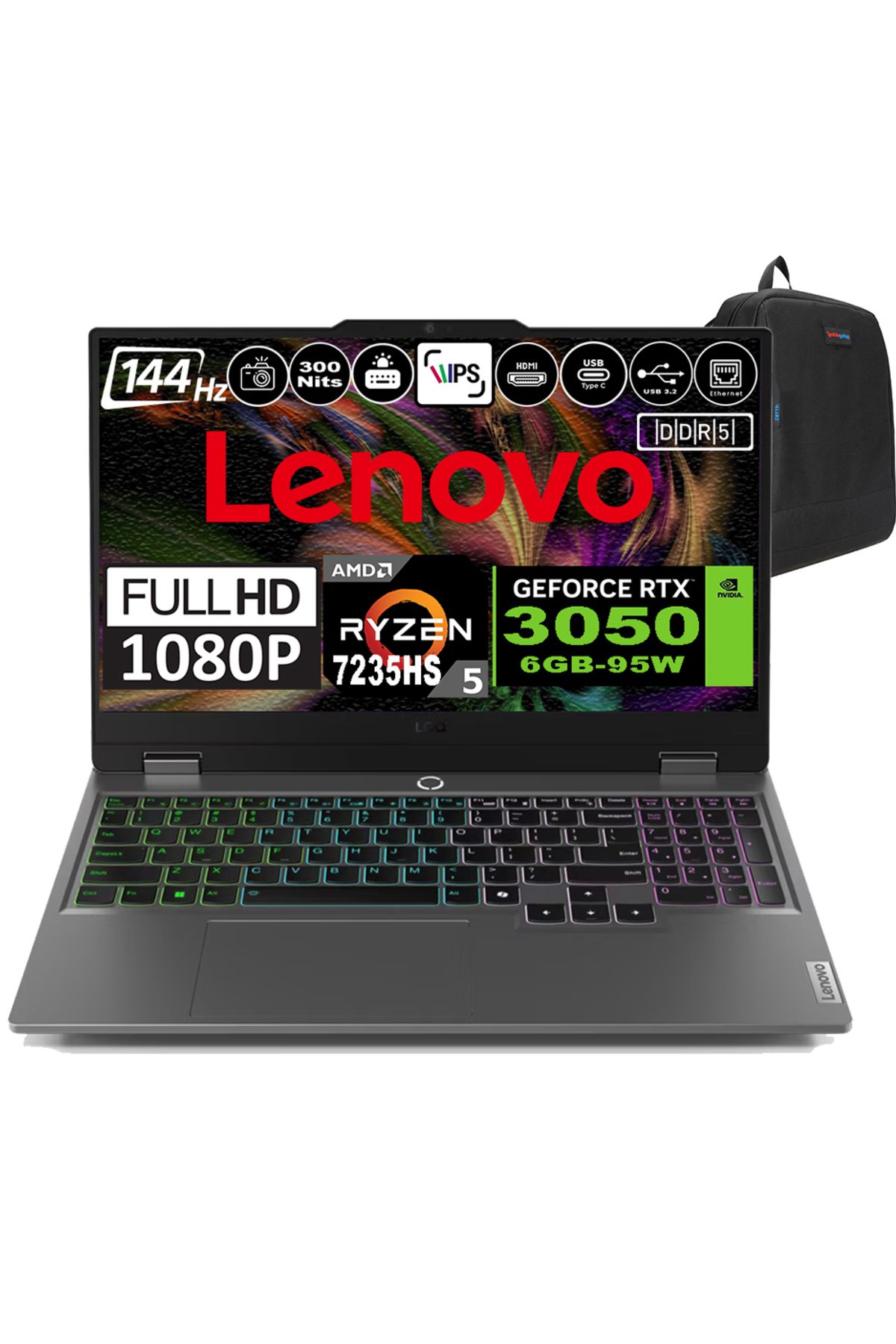 LENOVO Loq 15ARP9 Ryzen 5 7235HS Ddr5 32GB 2tbSSD RTX3050-6GB 300NITS 15.6" 144Hz Fhd W11HOME 83JC000PTRH07