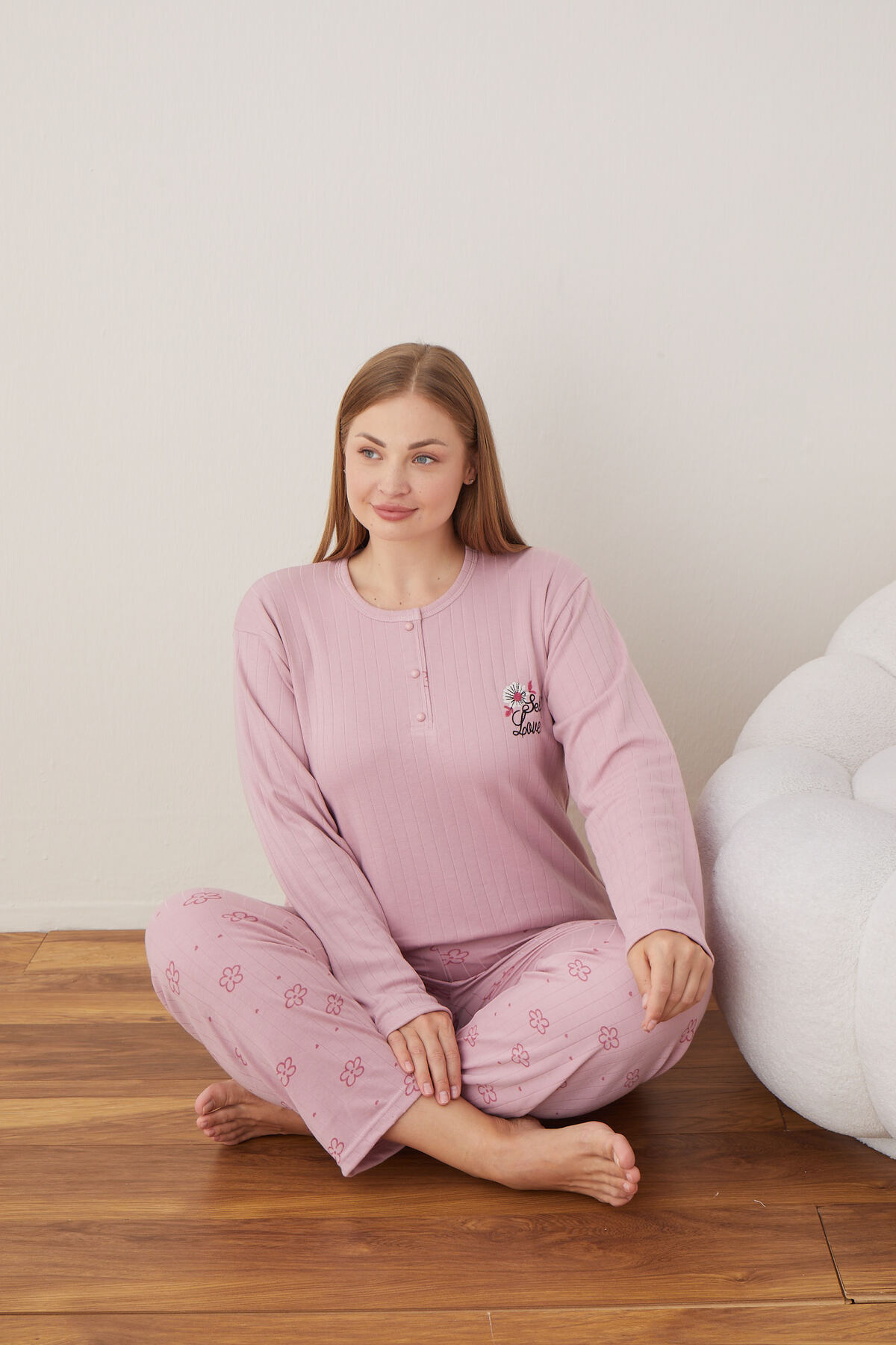 Kadın Raporlu İnterlok Kumaş Büyük Beden Düğmeli Pijama Takımı