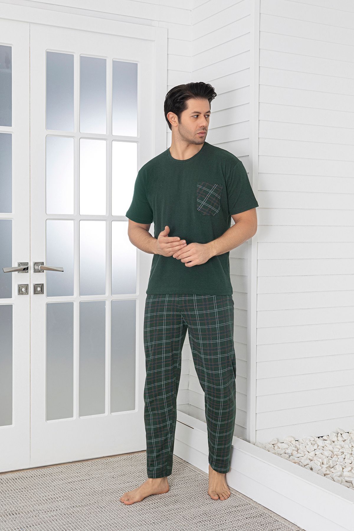 Sude HOMEWEAR-Set de pijamale pentru bărbați cu buzunare în carouri cu mânecă scurtă (sezon) 2