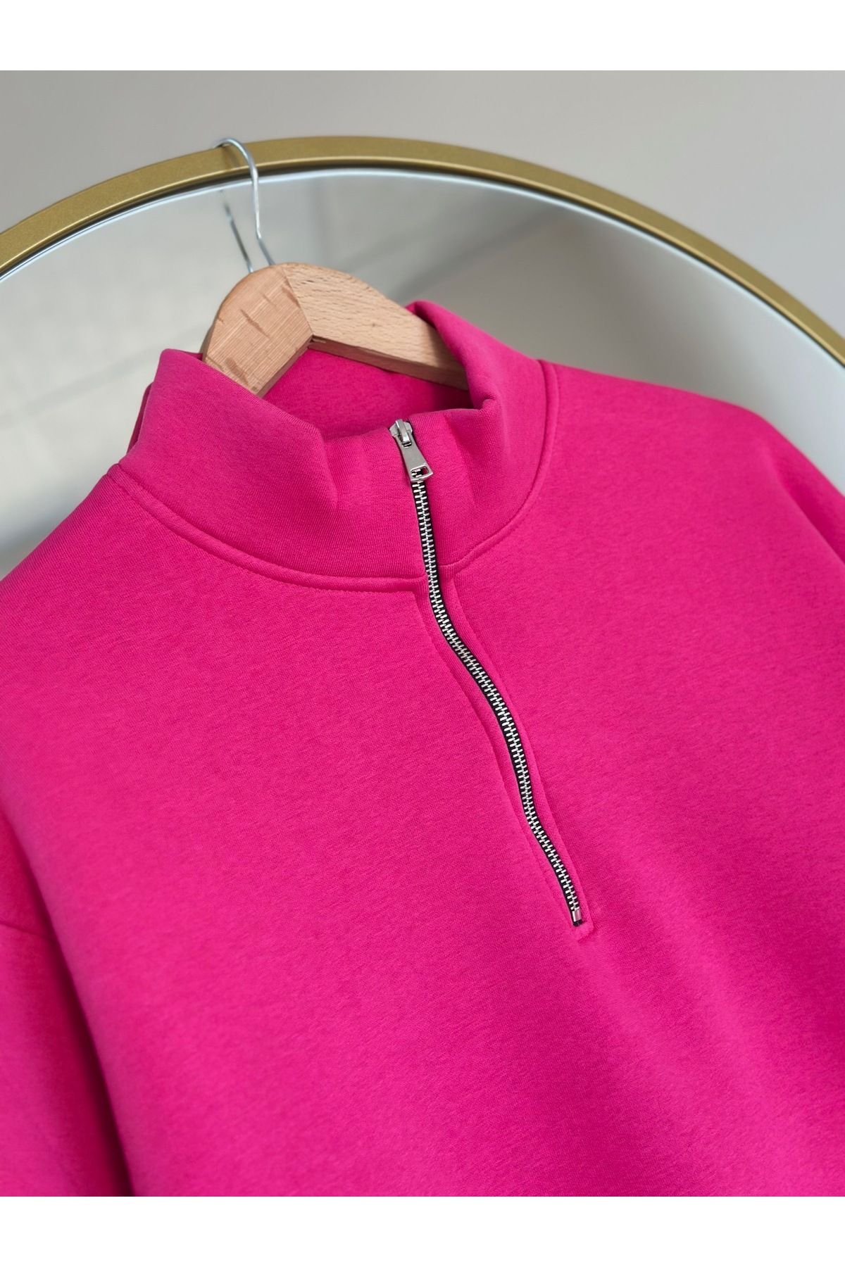 Ebrar Store-Fuchsia Half Turtleneck Birgül Zip Three String Sweat-Zn1055 2