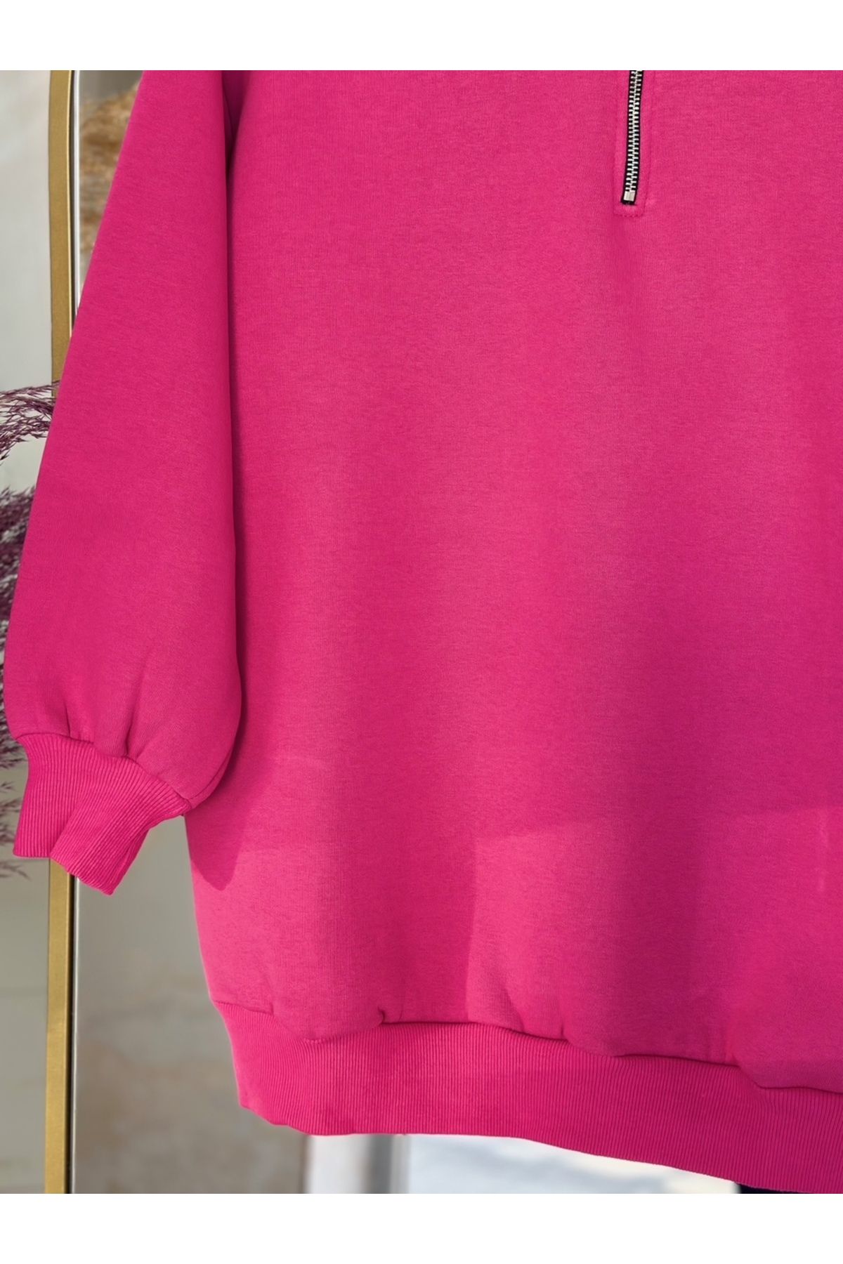 Ebrar Store-Fuchsia Half Turtleneck Birgül Zip Three String Sweat-Zn1055 4
