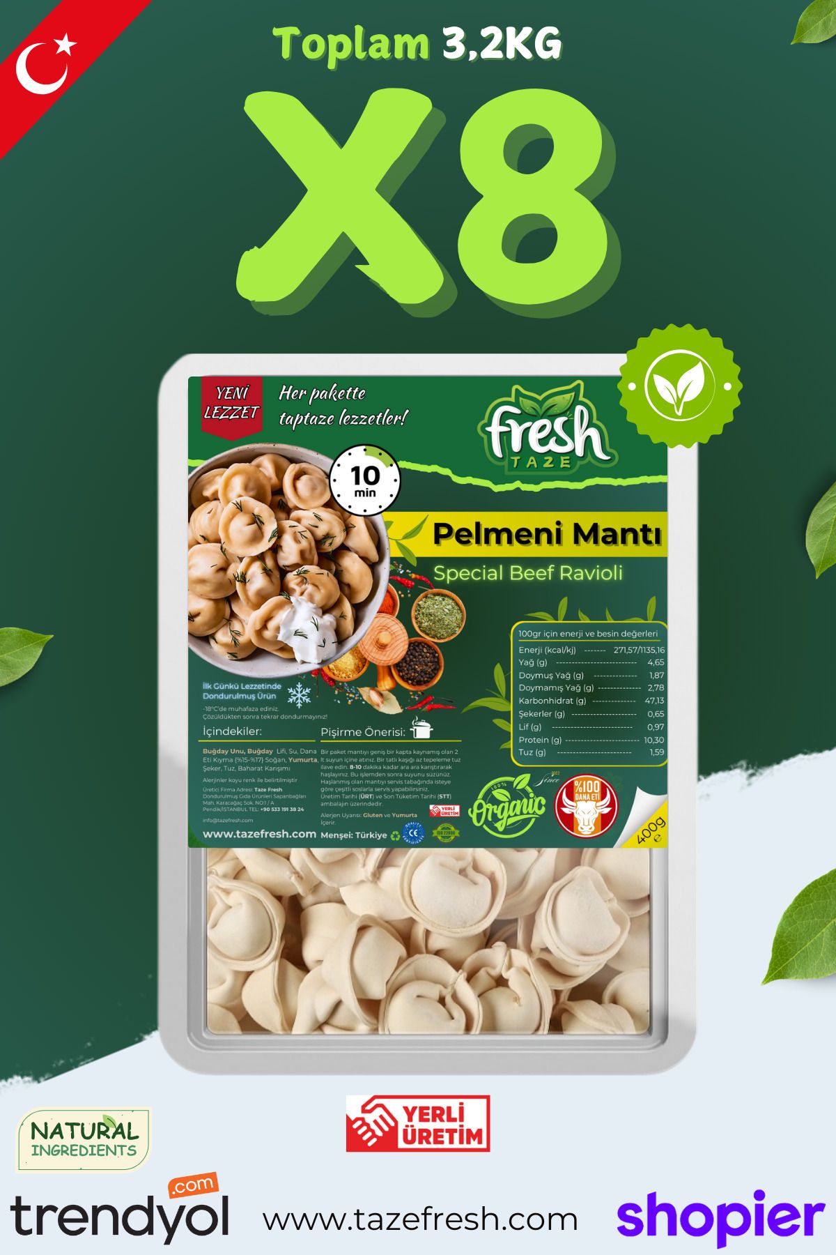 MANTI El Yapımı: Fırınlanmış Dondurulmuş - 3.2kg ( 8X 400G )