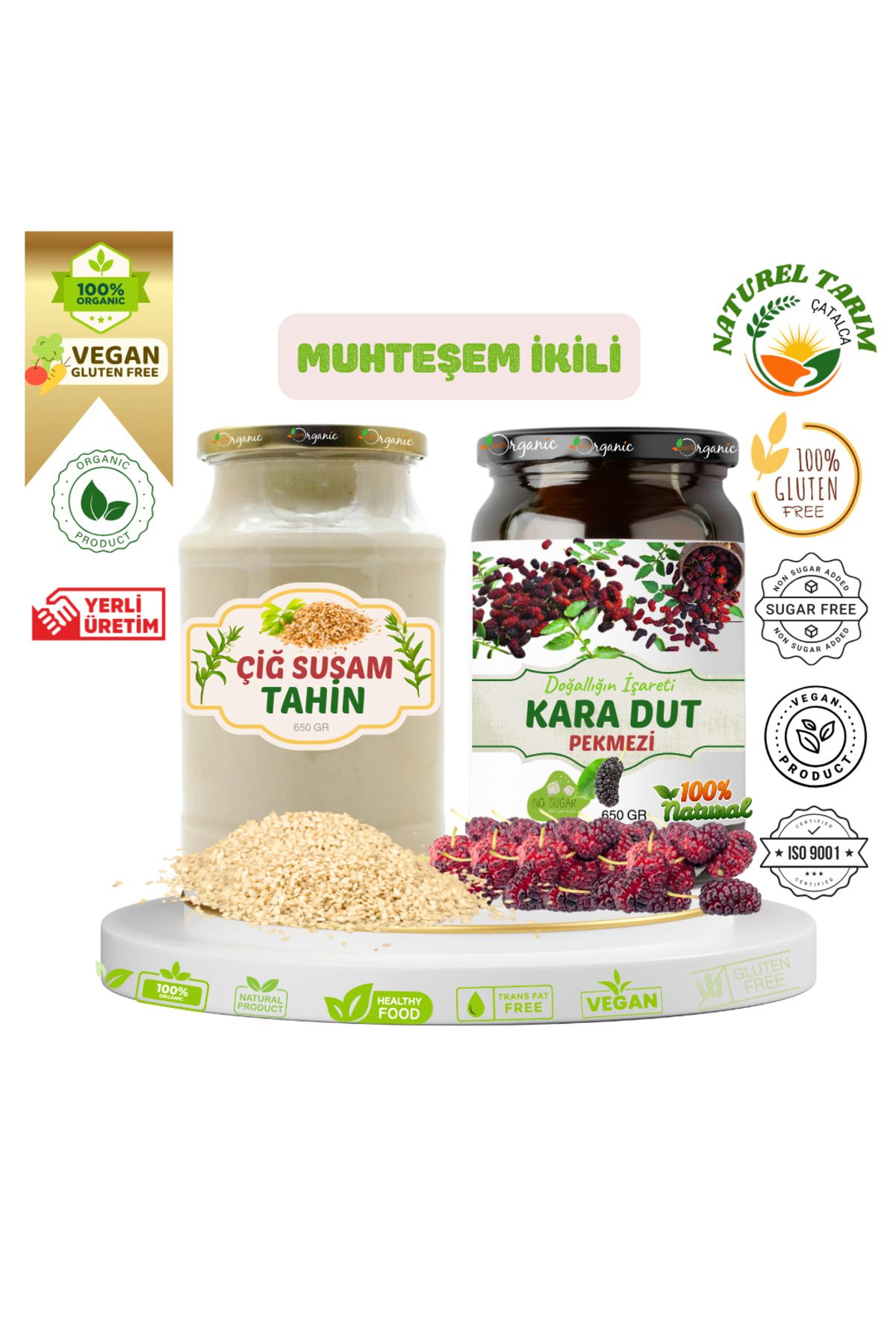 NATUREL ORGANİK KARA DUT PEKMEZİ 650 GR + ÇİĞ SUSAM TAHİNİ 650 GR (CAM KAVANOZ )